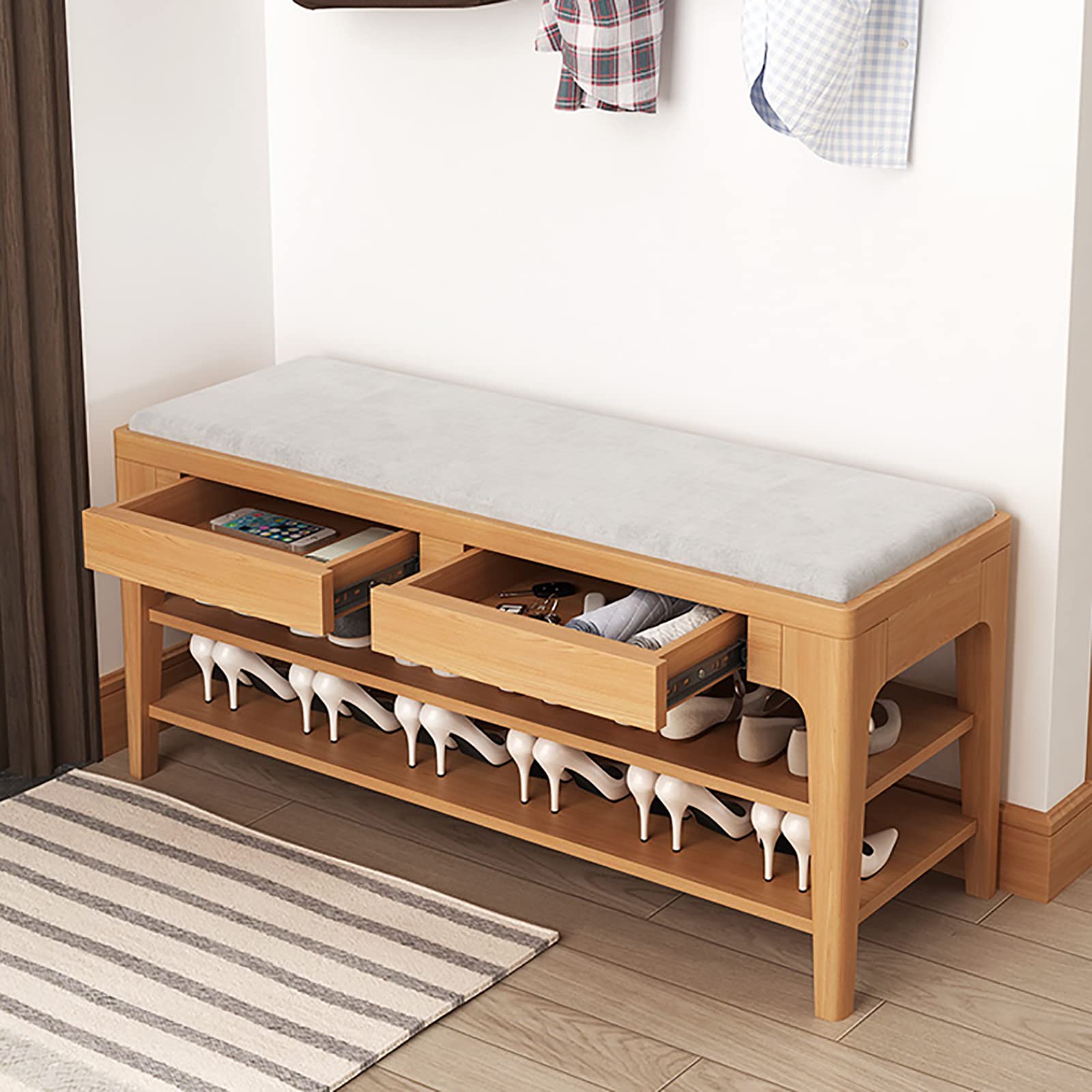 Solid Wood Entryway Shoe Bench with Storage Drawer & Cotton Linen Cushion - 2-Tier Shoe Organizer (39x14x18 inches) - Perfect for Hallway, Mudroom & Home Entry Organization