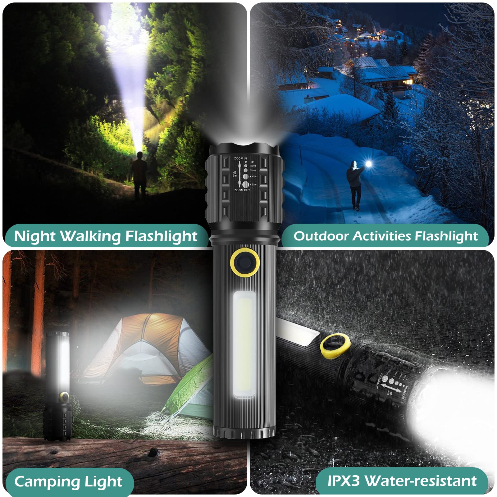 GeeRic LED Tactical Flashlight 2 Pack - 3 Mode Zoomable Adjustable Bright Flashlight with Rechargeable Battery | Compact Pocket Size for Camping, Hiking, Emergency Survival & Outdoor Adventures (Black)