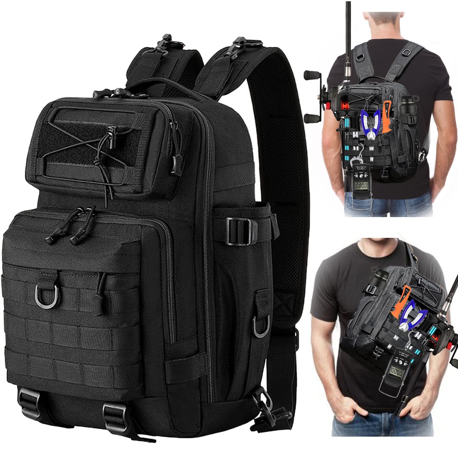 Water-Resistant Fishing Backpack with Rod Holder - Large Tackle Sling Bag for Fly Fishing, Camping & Hiking - Durable Fishing Gear Accessories for Men - Perfect Gift for Outdoor Enthusiasts & Anglers