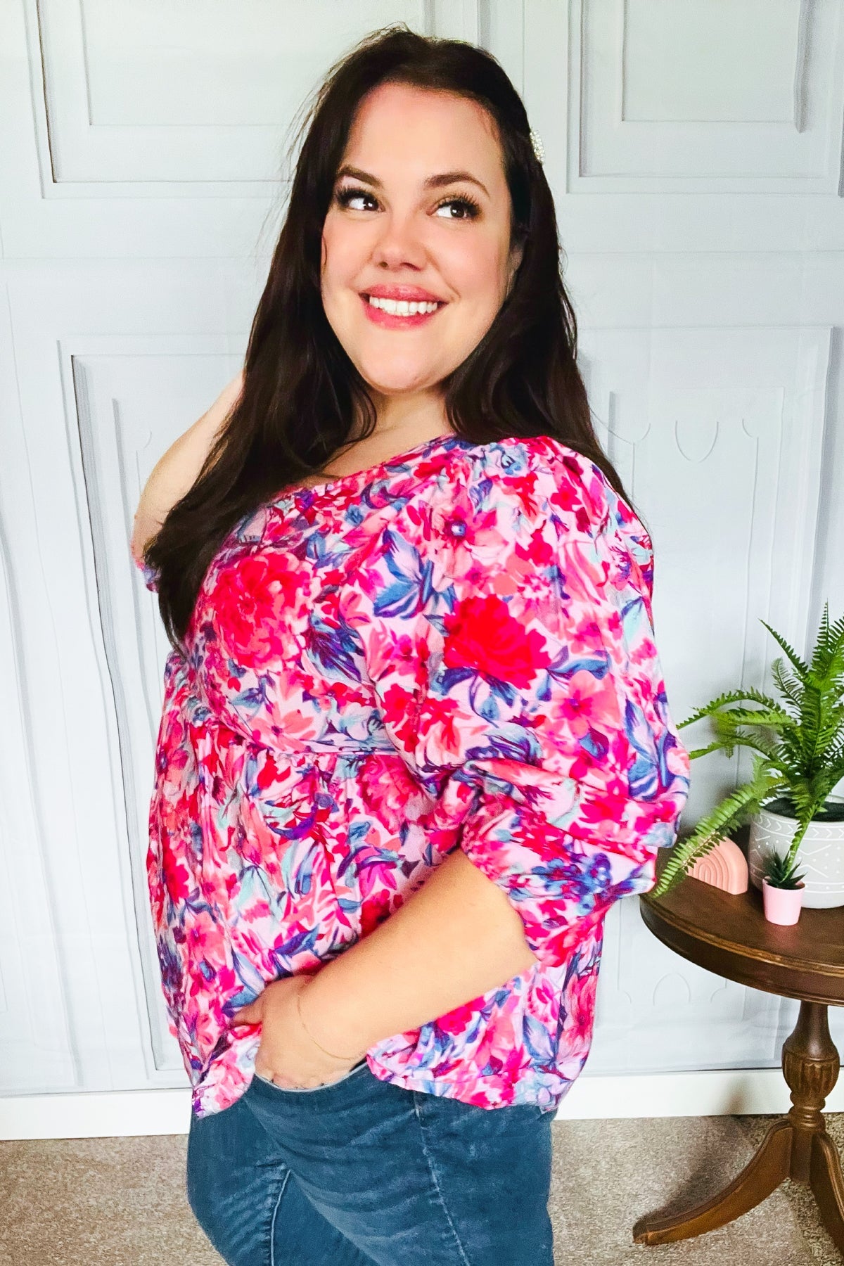 Feeling Femmi Pink & Fuchsia Floral Peplum Woven Top for Women - Elegant Blouse for Spring Summer Outfits, Date Night & Office Wear