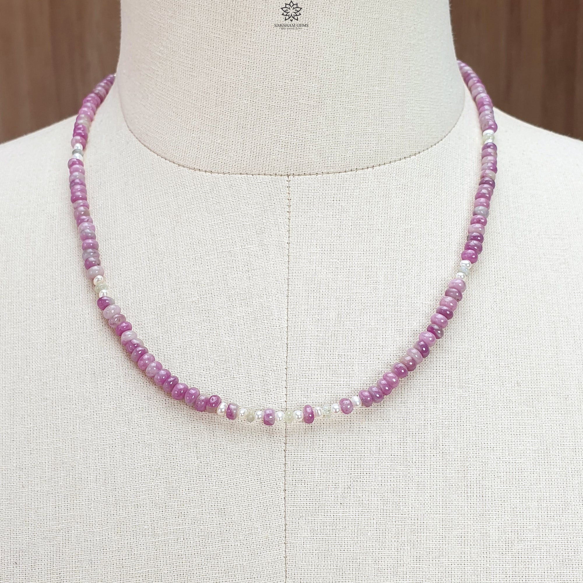 Natural Ruby Gemstone Beads Necklace - 21.85g Untreated Ruby with White Pearl & Cat's Eye Brass Rondelle Beads (4.5mm-5mm, 18