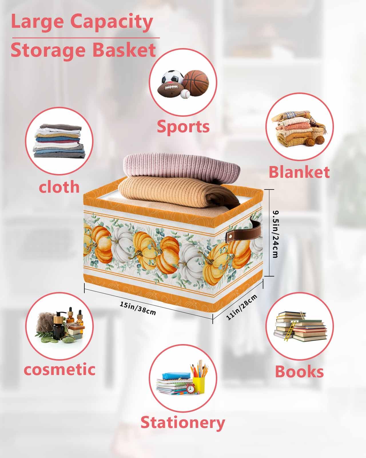 2 Pack Collapsible Storage Baskets with Handles - Orange White Pumpkin Design & Green Botanical Leaves - Foldable Organizer Bins for Nursery Toys, Laundry, Closet Organization - Perfect for Fall Thanksgiving Decor, Home Shelves & Seasonal Storage Solutions