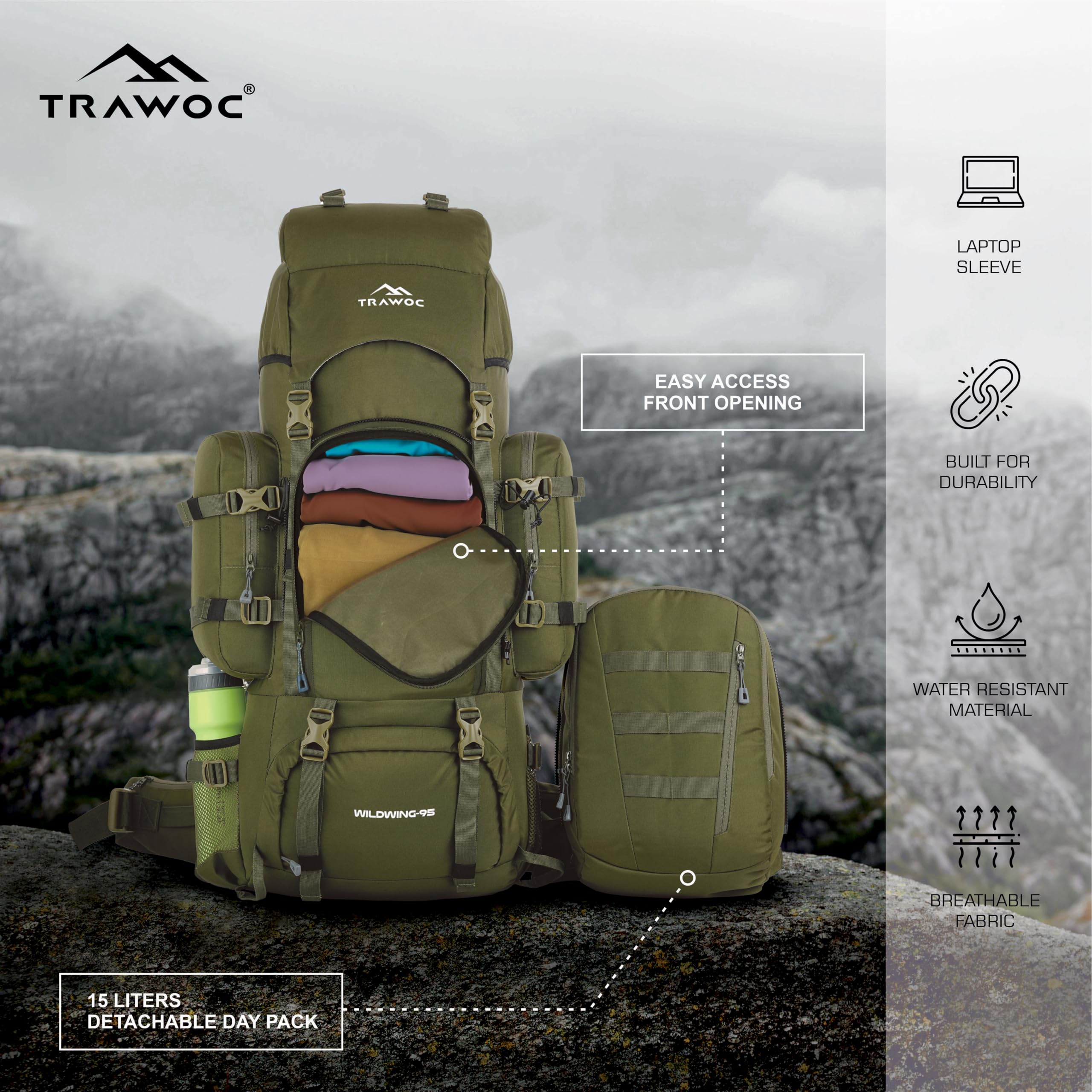 WILDWING 95L Internal Frame Travel Backpack with Detachable Daypack - Lightweight Hiking & Trekking Backpack for Men & Women - Olive Green - Perfect for Camping, Backpacking & Outdoor Adventures