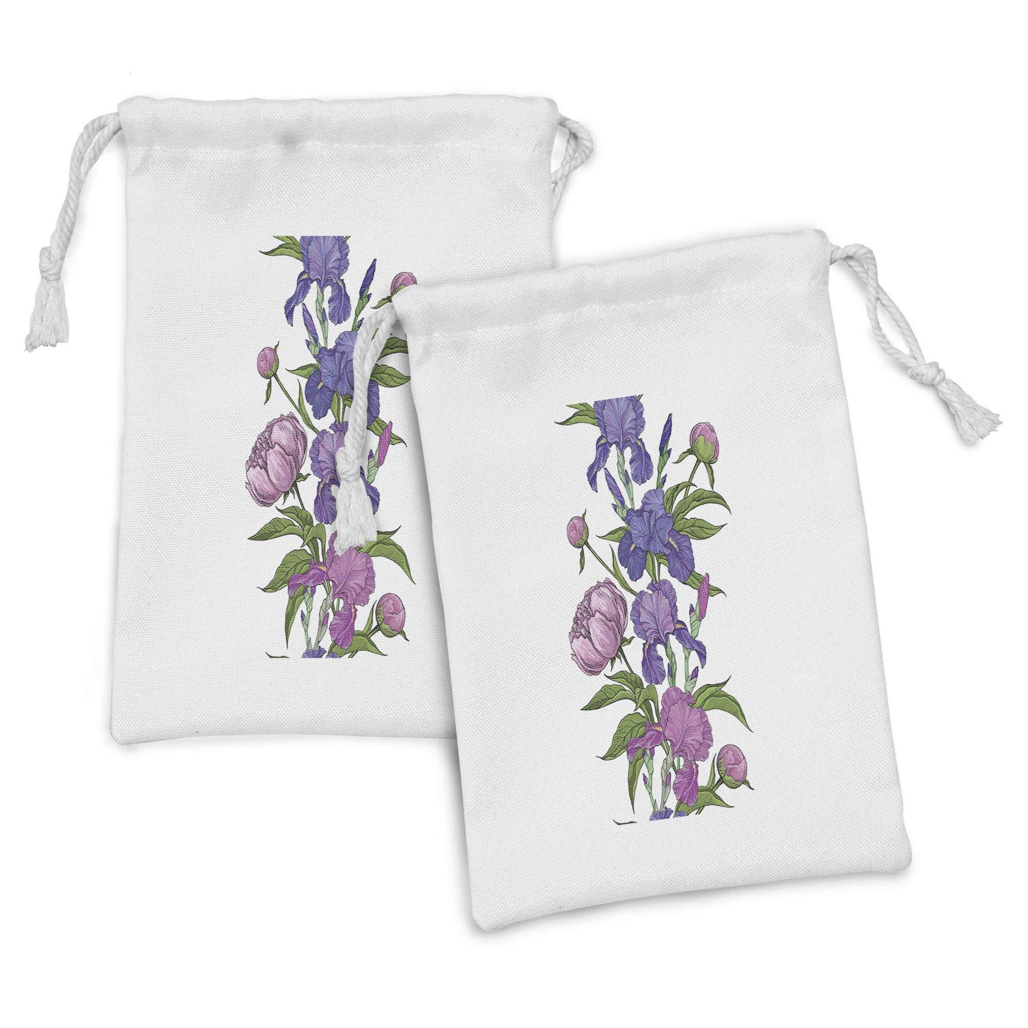 Ambesonne Peony Fabric Pouch Set of 2 - Hand Drawn Purple Iris & Peony Flowers Drawstring Bags (9