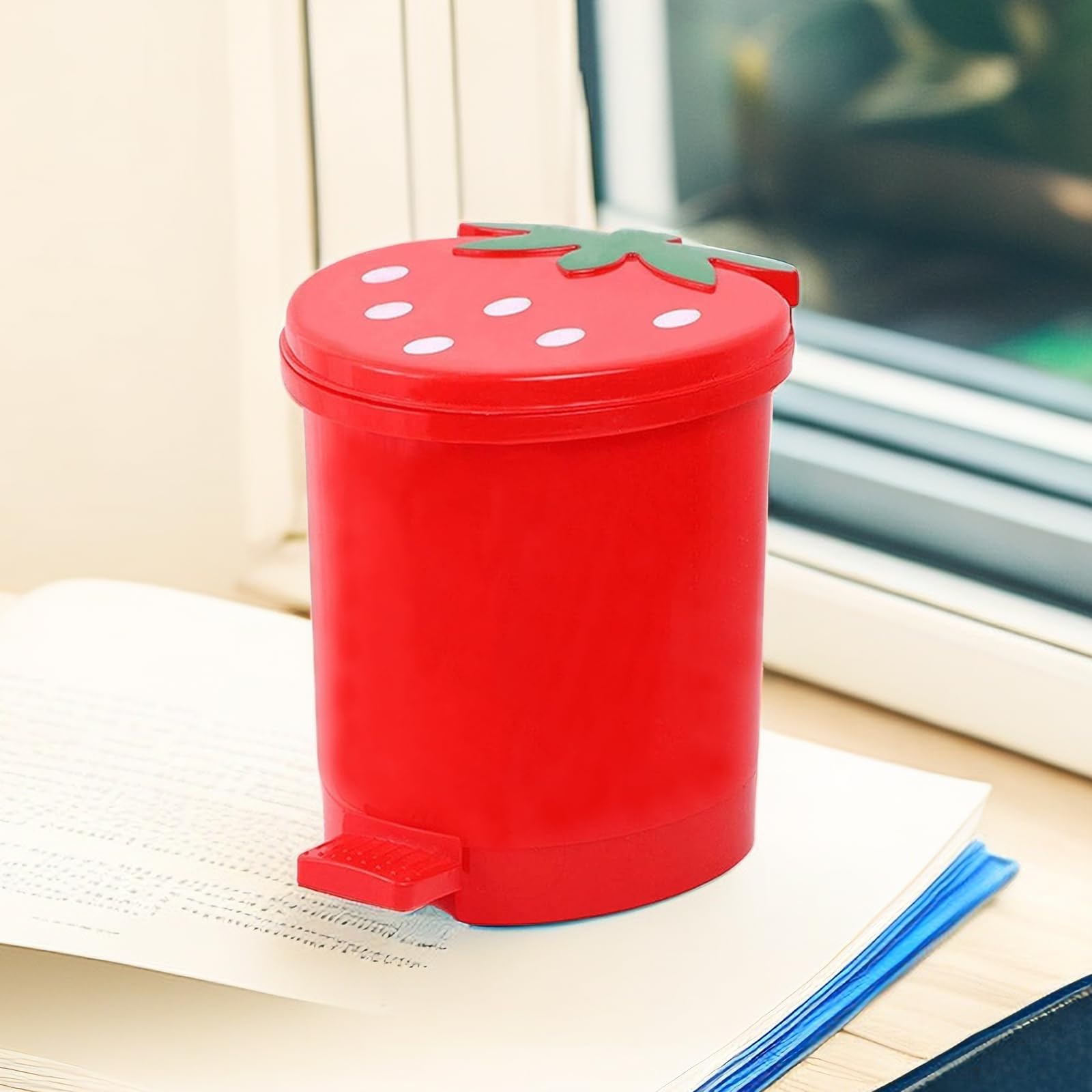 Strawberry Shaped Trash Can - 1 Gallon Cute Small Plastic Waste Bin for Bedroom, Office & Desk - Includes 0.3 Gallon Mini Garbage Can & 5 Rolls Trash Bags - Kawaii Room Decor for Girls, Dorm, Bathroom & Kitchen Organization