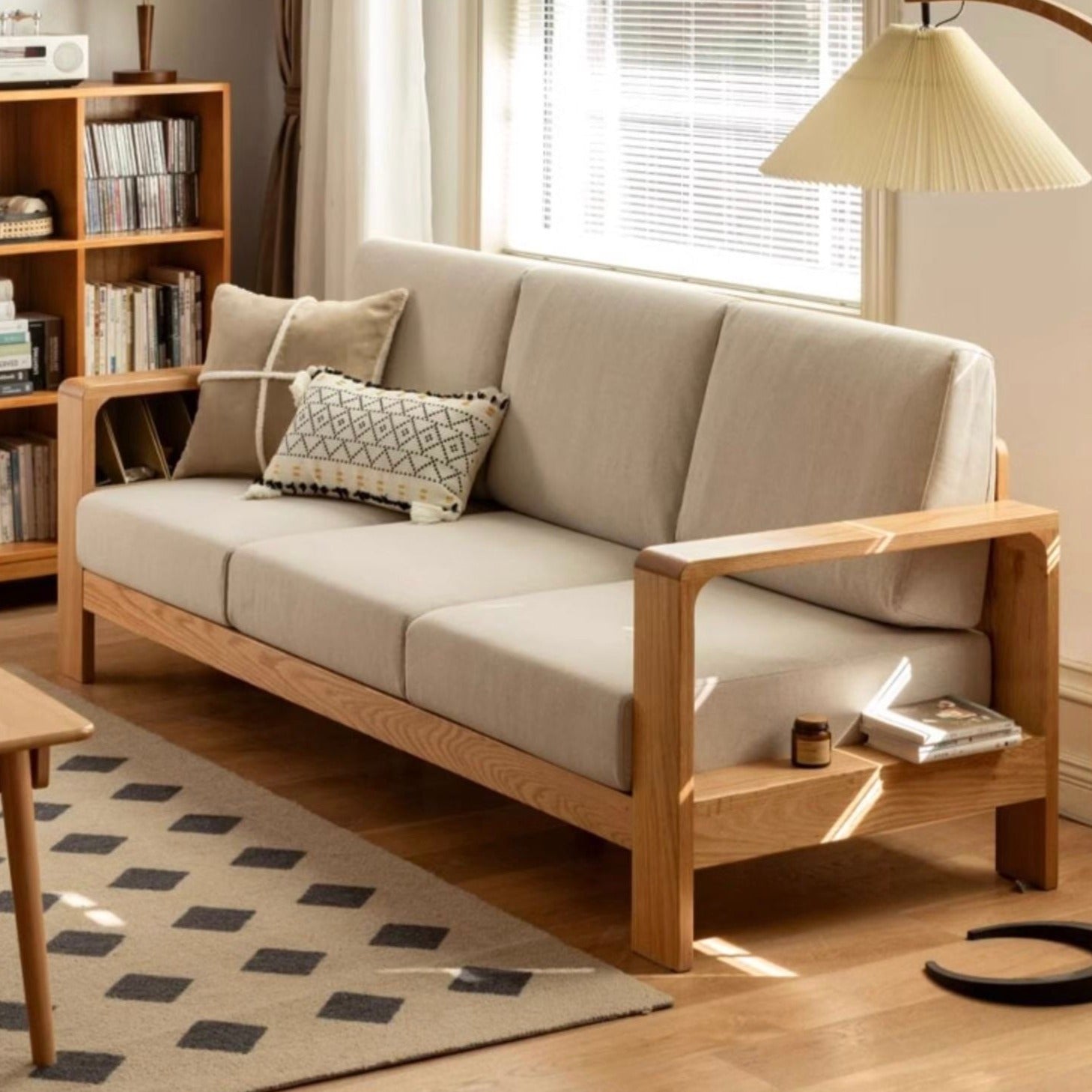 Oak Solid Wood Modern Fabric Sofa - Contemporary Living Room Furniture for Small Spaces & Apartments | Durable & Stylish Home Decor