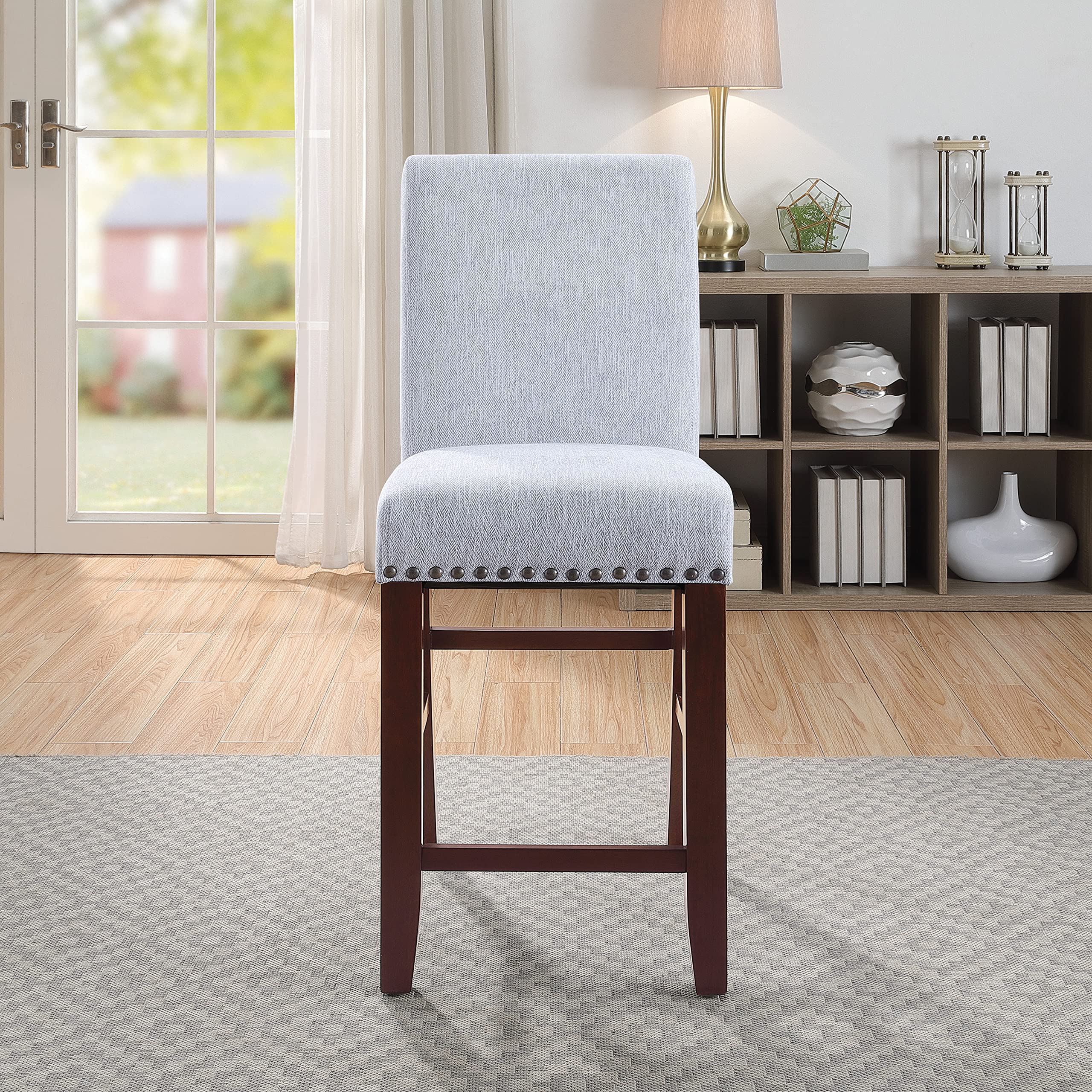 OSP Home Furnishings 24 Inch Parsons Bar Stool with Antique Bronze Nail Heads & Smoke Fabric - Perfect for Kitchen Islands, Breakfast Bars & Modern Dining Areas