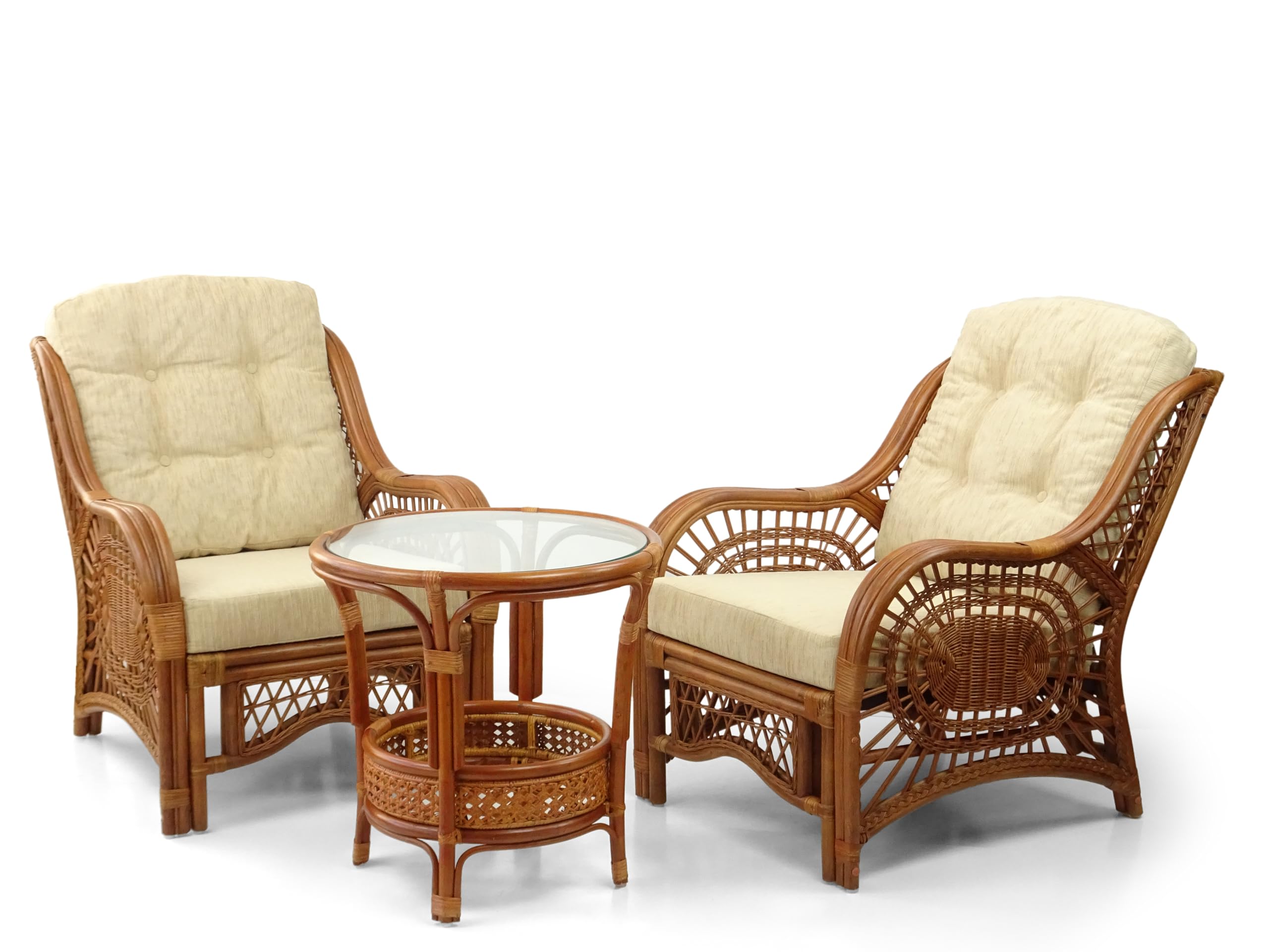 Malibu Rattan Chairs & Coffee Table Set - Cream Cushions, Handmade for Patio & Garden