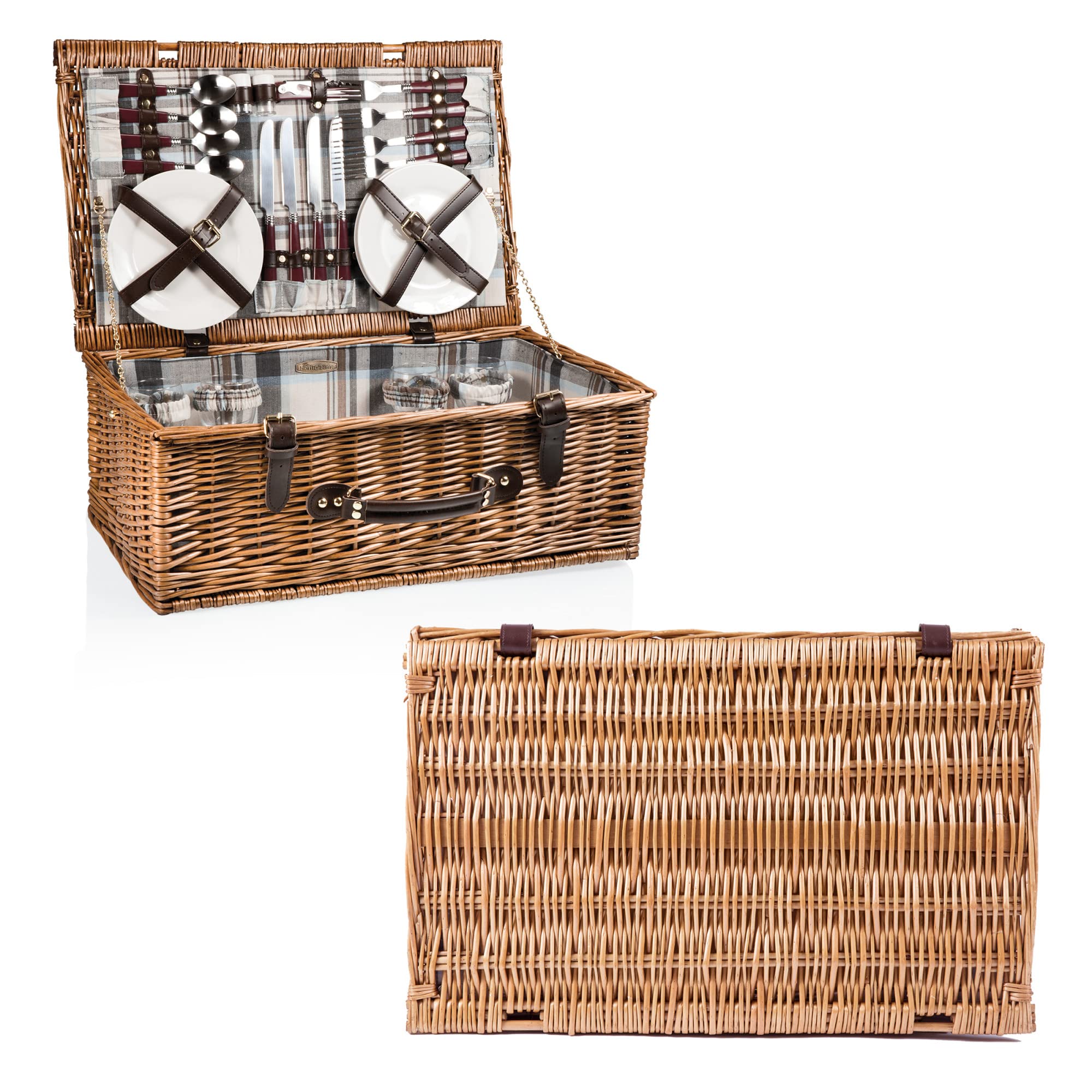 **PICNIC TIME Newbury Wicker Picnic Basket Set for 4 Persons – Navy Blue & Burgundy Plaid – Outdoor Picnics, Beach Trips & Romantic Dates**