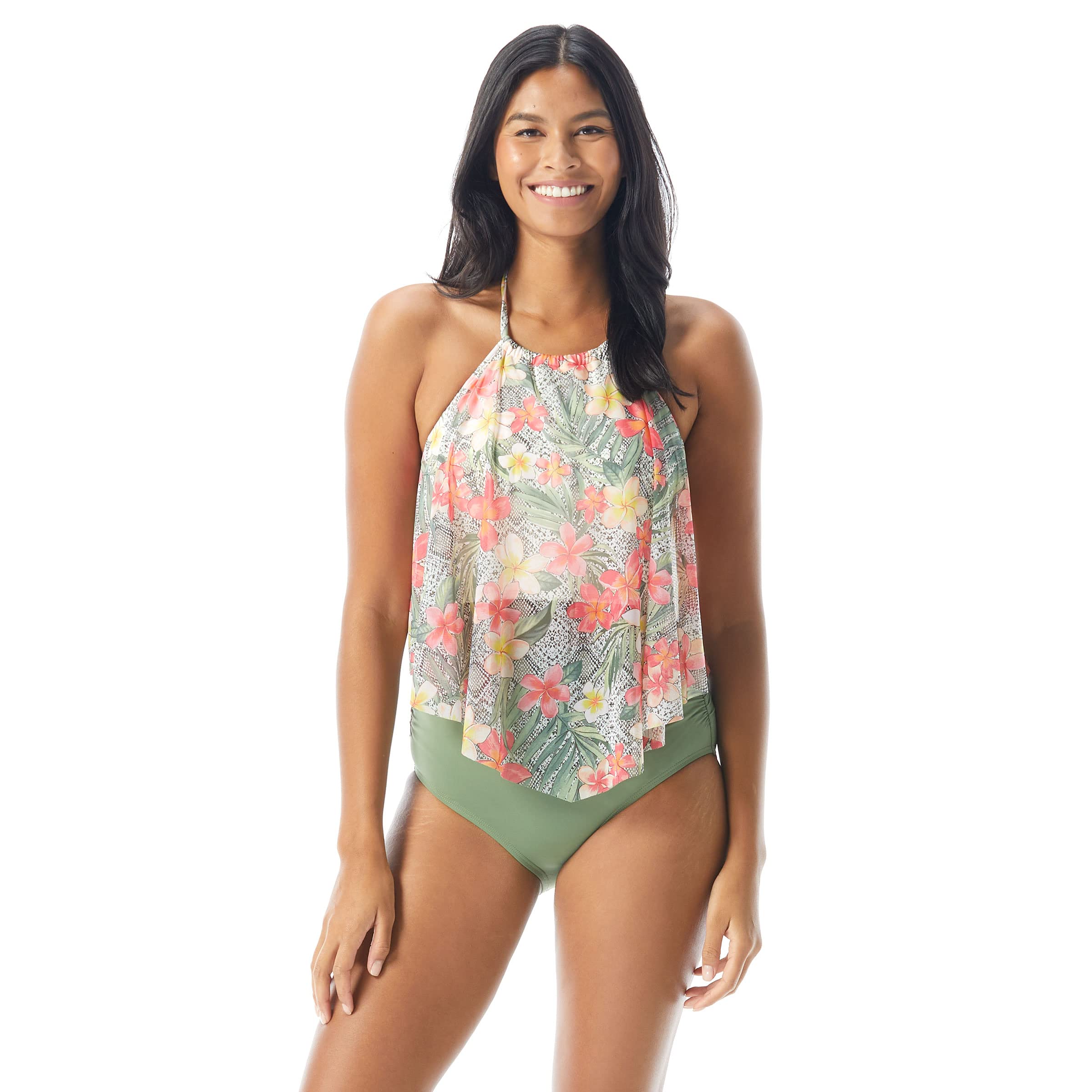COCO REEF Aura Mesh Ruffle Bra Sized Cropped Tankini Top — High Neck Halter Bikini for Women | Sexy Swimwear for Beach, Pool & Vacation | Plus Size Swim Top with Support
