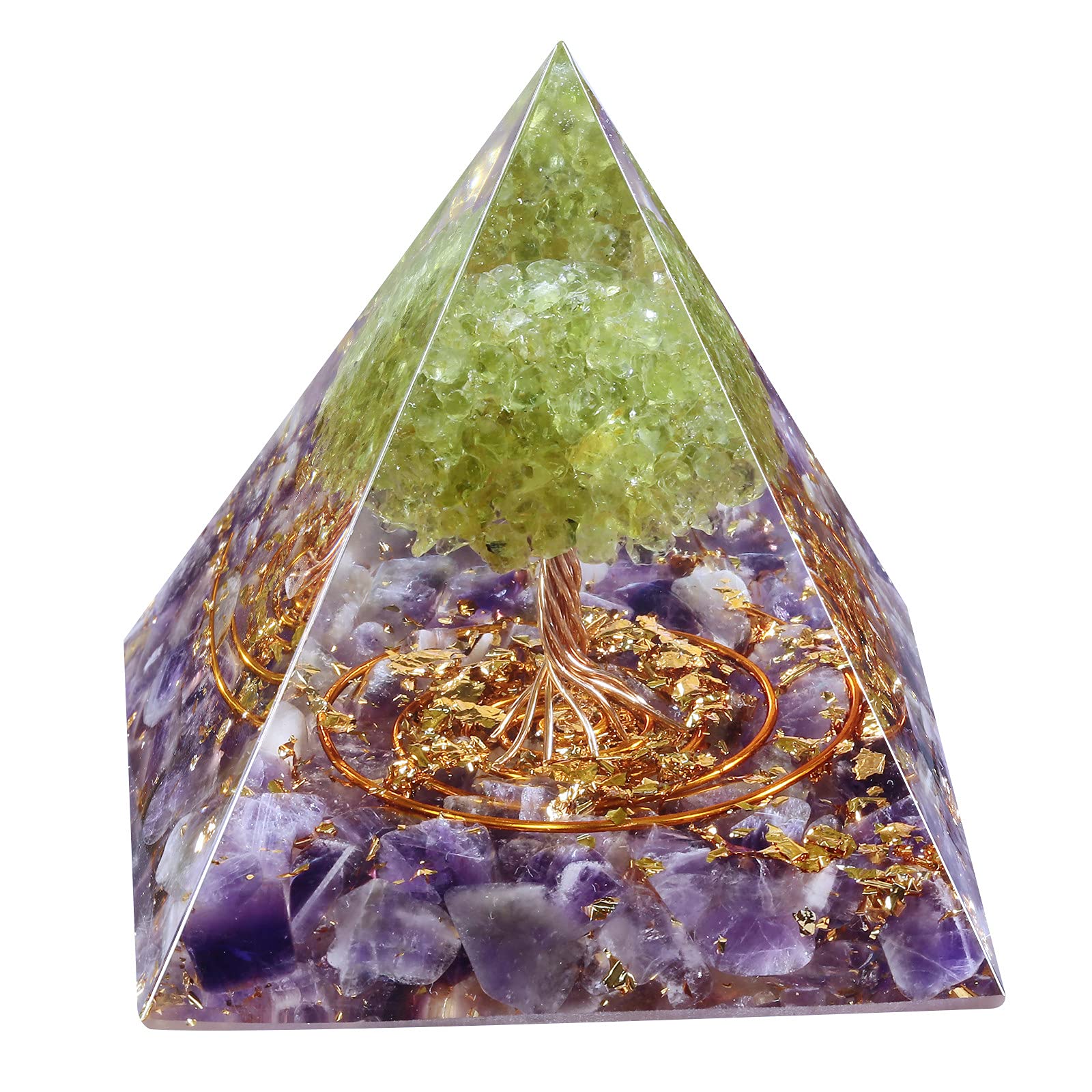 Peridot and Amethyst Crystal Orgone Pyramid - Tree of Life Energy Generator with Copper Wire for Protection, Meditation, Home & Office Decor | Spiritual Healing, Chakra Balancing, Positive Energy Enhancer