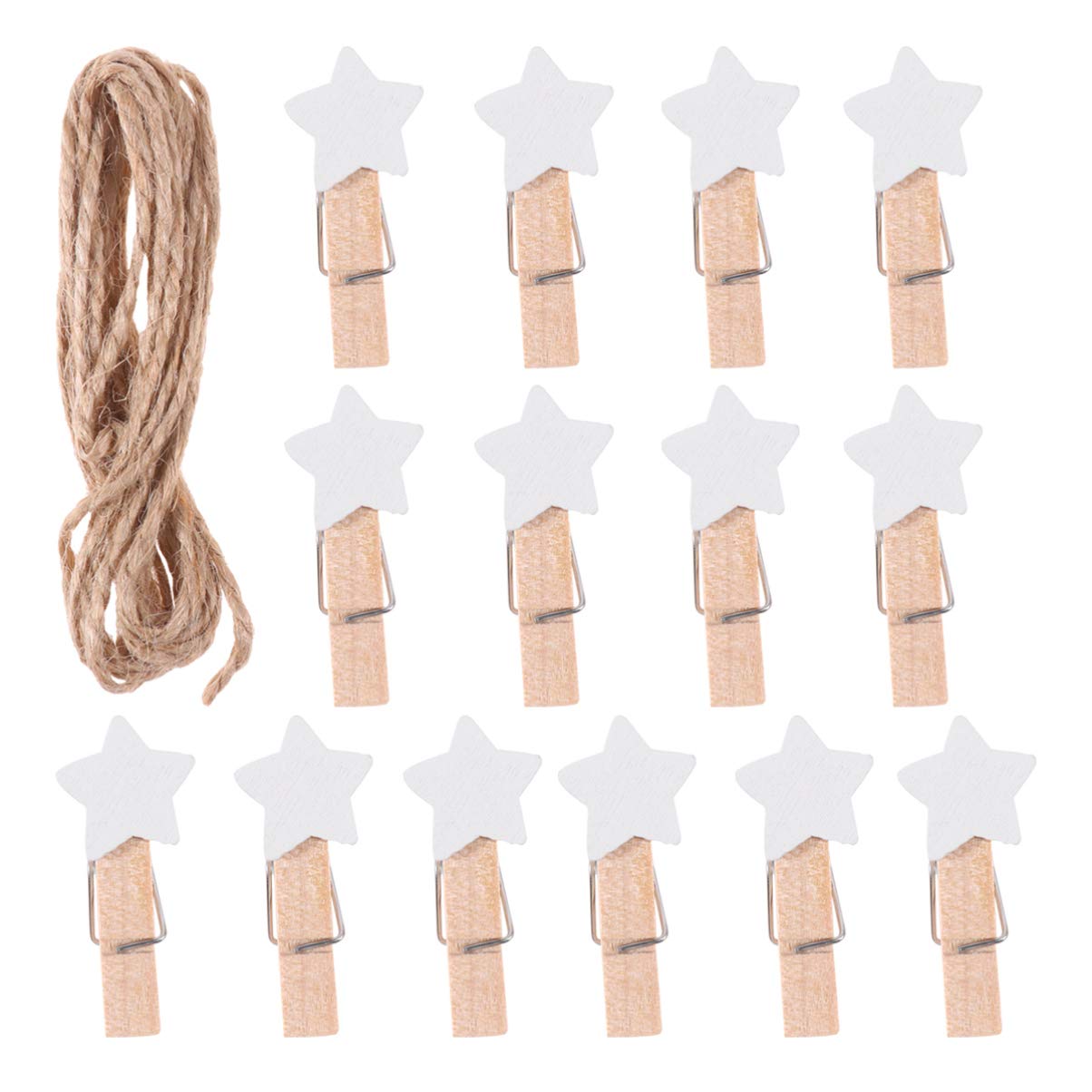 HEALLILY 100pcs Mini Wooden Star-Shaped Clothespins - Photo Hanging Clips, Picture Pegs, Craft Clips with Rope for Wall Decor, Scrapbooking, DIY Projects - White
