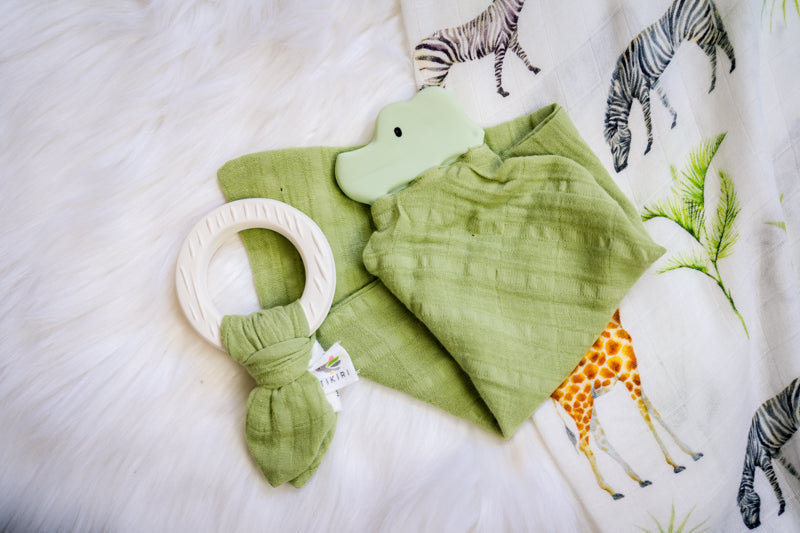 Tikiri Natural Rubber Crocodile Teether for Babies with Organic Sage Green Muslin Comforter - Soothing Teething Toy for Infants & Toddlers, Perfect for On-the-Go Comfort and Playtime