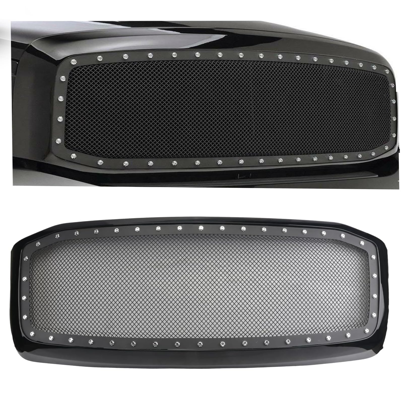 Gloss Black Front Grille for Dodge Ram 1500/2500/3500 (2006-2009) - Upper Mesh Grille with Rivets - Perfect for Off-Road & Truck Customization