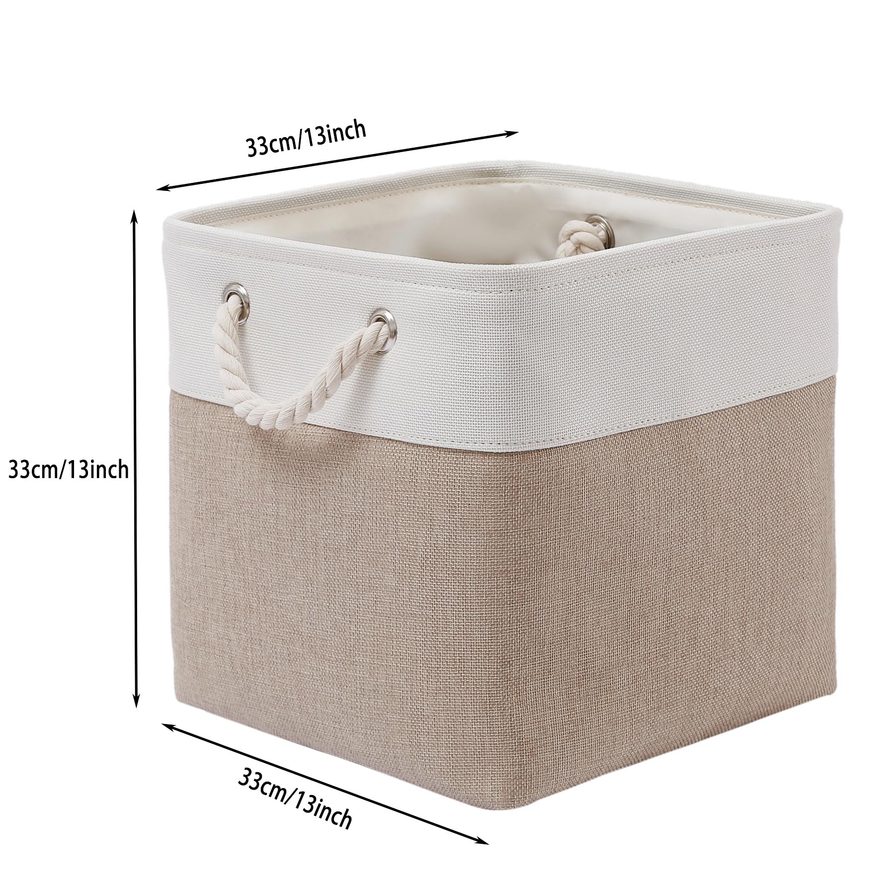 13 x 13 Inch Cube Storage Bins, 4 Pack Large Collapsible Fabric Storage Bins with Handles - Foldable Organizer for Closet, Toys, Clothes, Office & Home Organization (White & Beige) - Perfect for Nursery, Playroom, Shelving & Underbed Storage