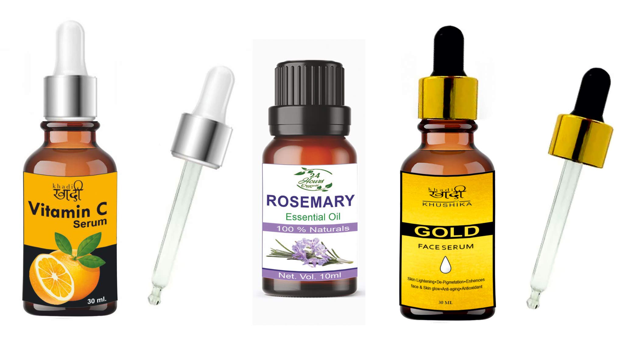Khadi Khushika Premium Rosemary Essential Oil Combo with Gold Serum & Vitamin C Serum for Skin Brightening & Anti-Aging | Perfect for Night Routine & Glow Boosting