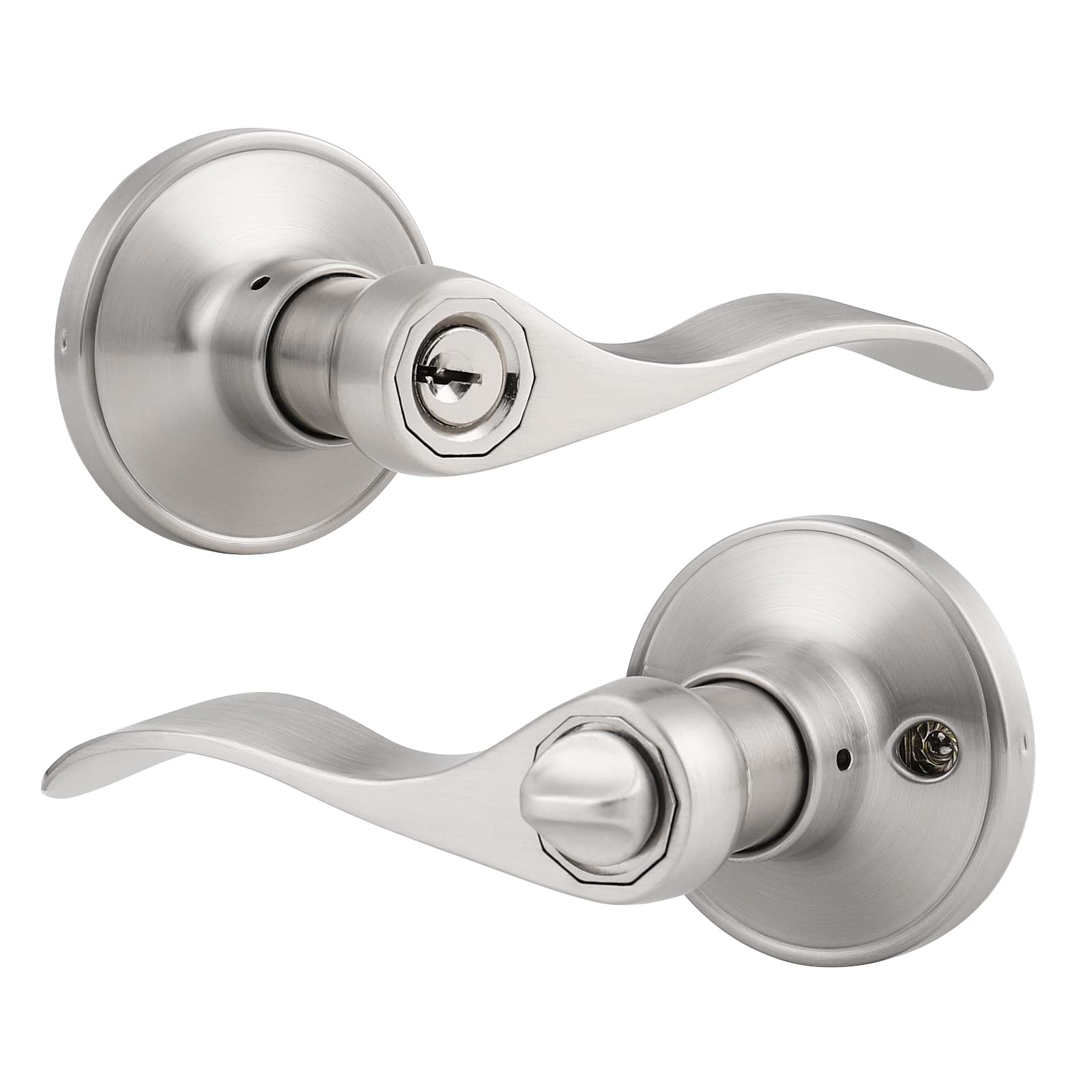 5-Pack Wave Style Drop Door Lever Lockset - Left or Right Handed Entry Door Handle Set with 3 Unique Keys - Satin Nickel Finish for Home, Office & Commercial Security