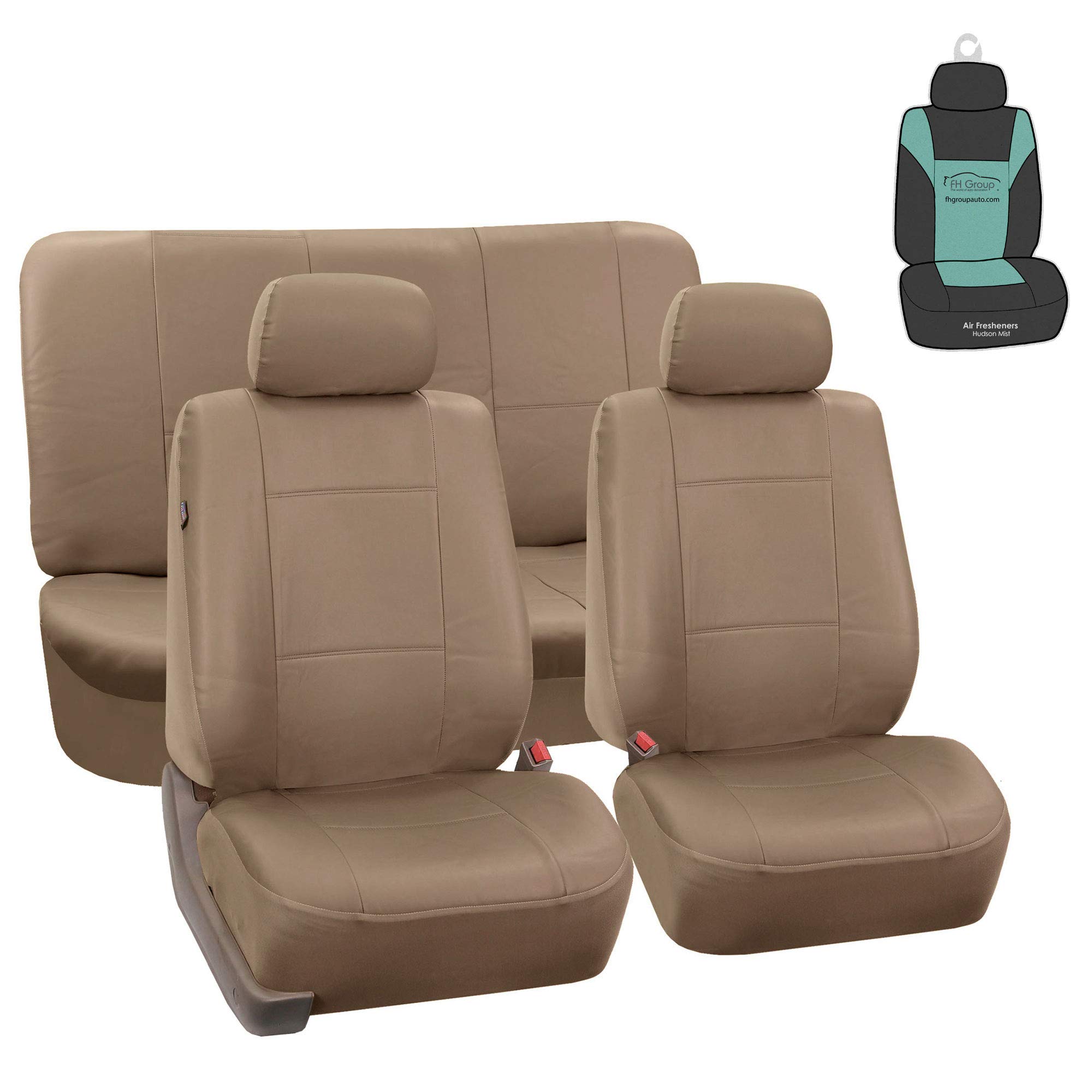 Premium FH Group PU Leather Car Seat Covers Full Set - Universal Fit for Trucks, SUVs & Vans (Front & Rear Split Bench, Tan) | Easy Installation with Free Gift | Perfect for Road Trips, Daily Commute & Family Protection