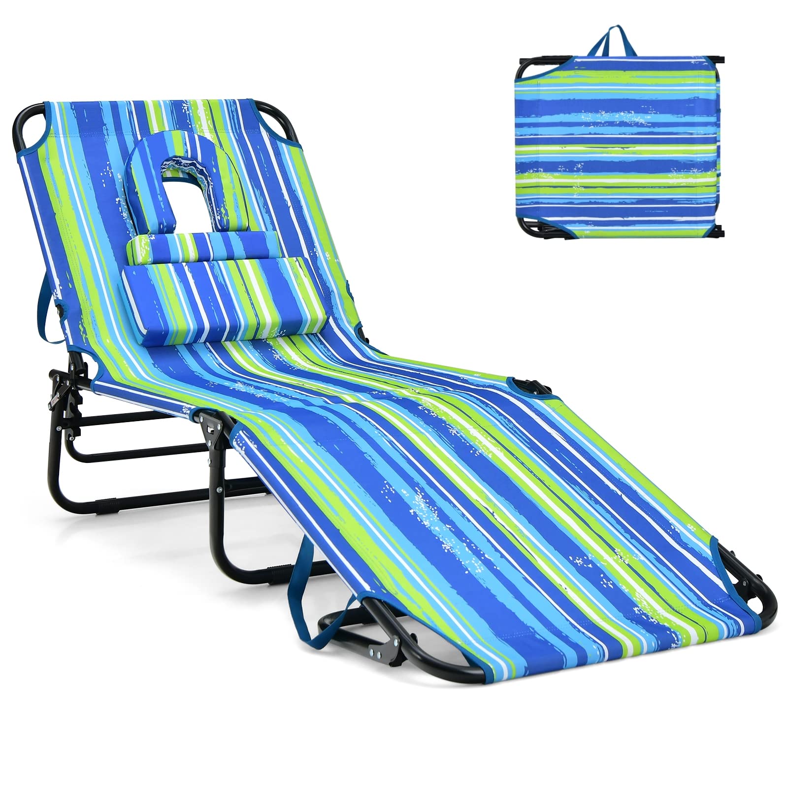 GYMAX 350lbs Heavy Duty Tanning Chair with Face Hole - Adjustable Folding Chaise Lounge for Beach, Pool, Patio - Includes Washable Pillow & Carry Strap - Perfect for Sunbathing, Relaxing Outdoors, Backyard Lounging (Stripe)