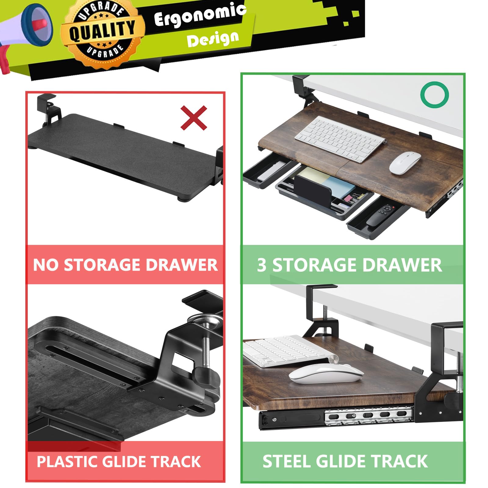 Ergonomic Under Desk Keyboard Tray - Slide-Out Wooden Platform with C-Clamp for Home & Office Workspace