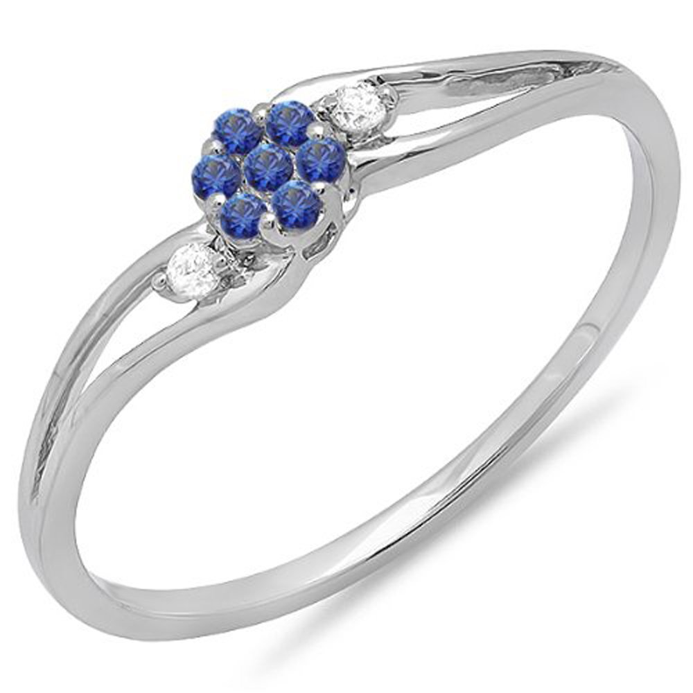 Dazzlingrock Collection 14K Solid White Gold Round White Diamond & Blue Sapphire Women's Bridal Swirl Split Shank Cluster Promise Ring - Perfect for Engagement, Anniversary & Romantic Gifts