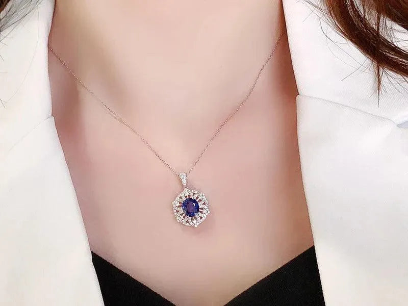 18K White Gold Blue Sapphire Sunflower Pendant Necklace for Women - Natural Diamond Jewelry Gift for Engagement, Anniversary & Special Occasions