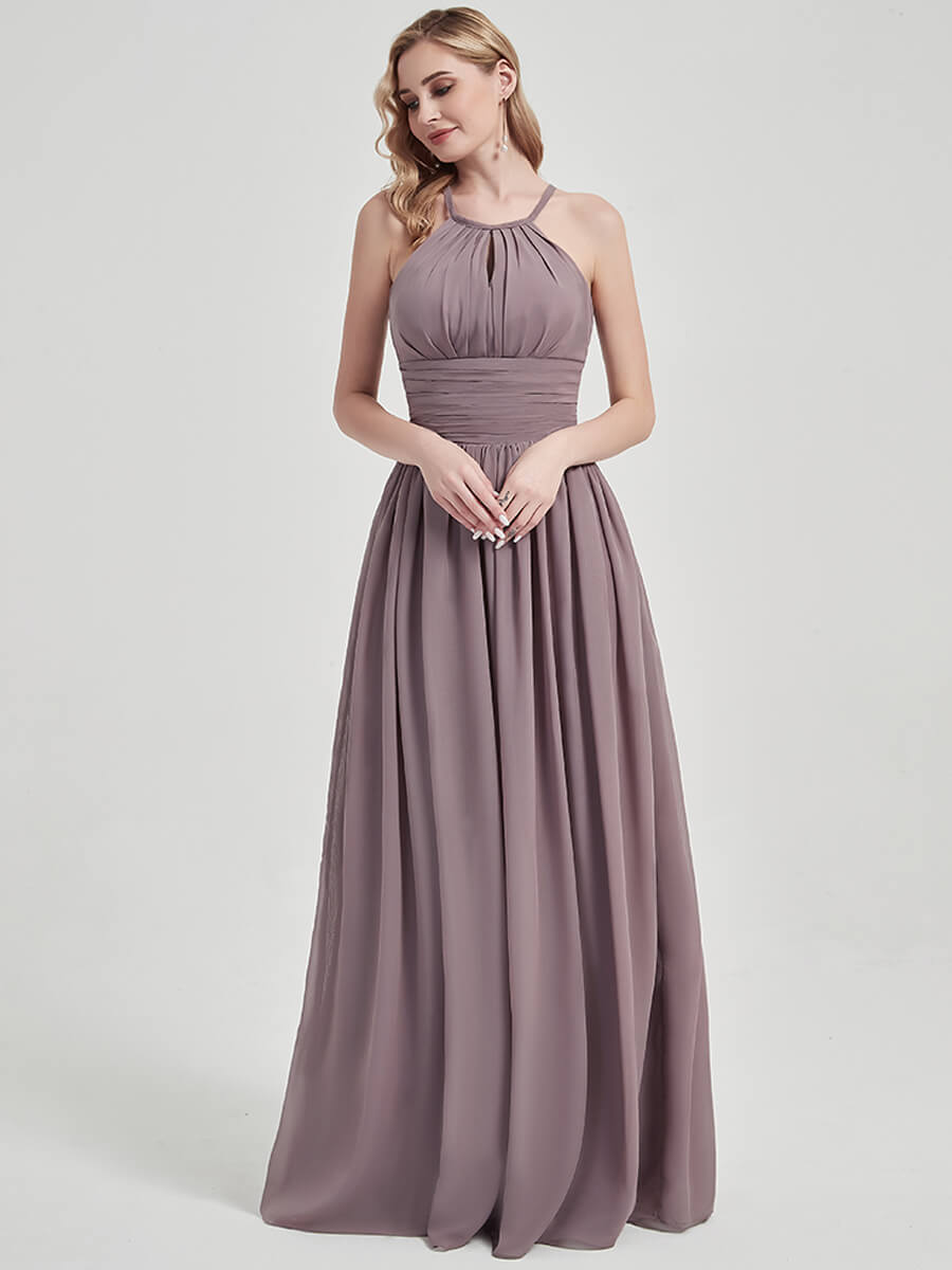 Elegant Dusk Pleated Halter Neck Sleeveless A-Line Chiffon Bridesmaid Dress for Weddings & Formal Events - Perfect for Summer Beach Weddings, Evening Parties & Special Occasions