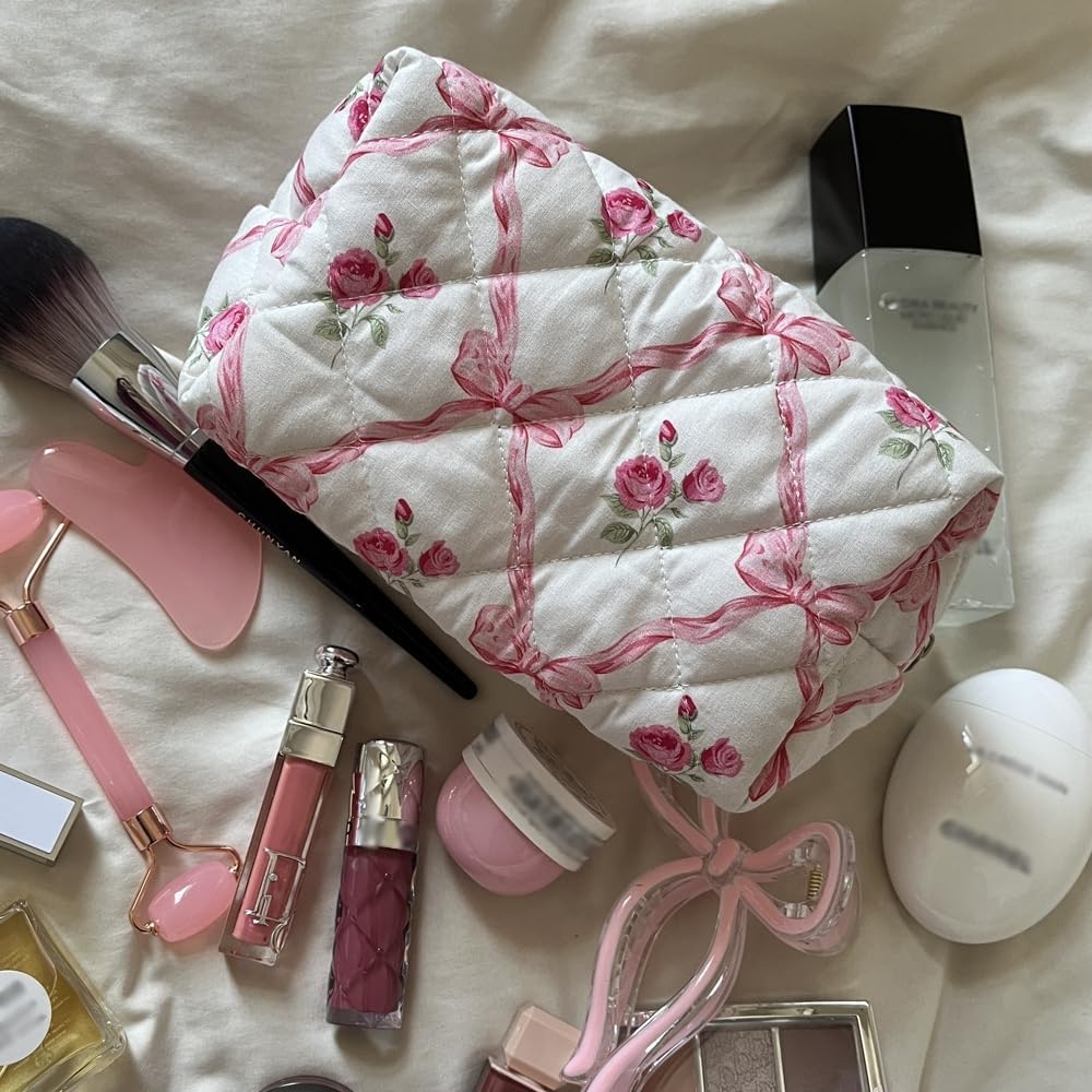 Quilted Small Makeup Bag with Pink Ribbons - Coquette Cosmetic Pouch & Travel Toiletry Organizer for Women & Girls | Perfect for Daily Use, Travel, and Gift Giving