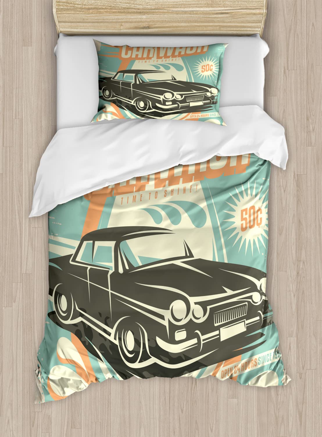 Ambesonne Vintage Car Wash Duvet Cover Set - Retro Mechanic Repair & Cleaning Grunge Design, 2-Pack California King Size Bedding with 4 Pillowcases in Pale Orange & Turquoise - Perfect for Car Enthusiasts' Bedrooms & Auto Shop Themed Decor