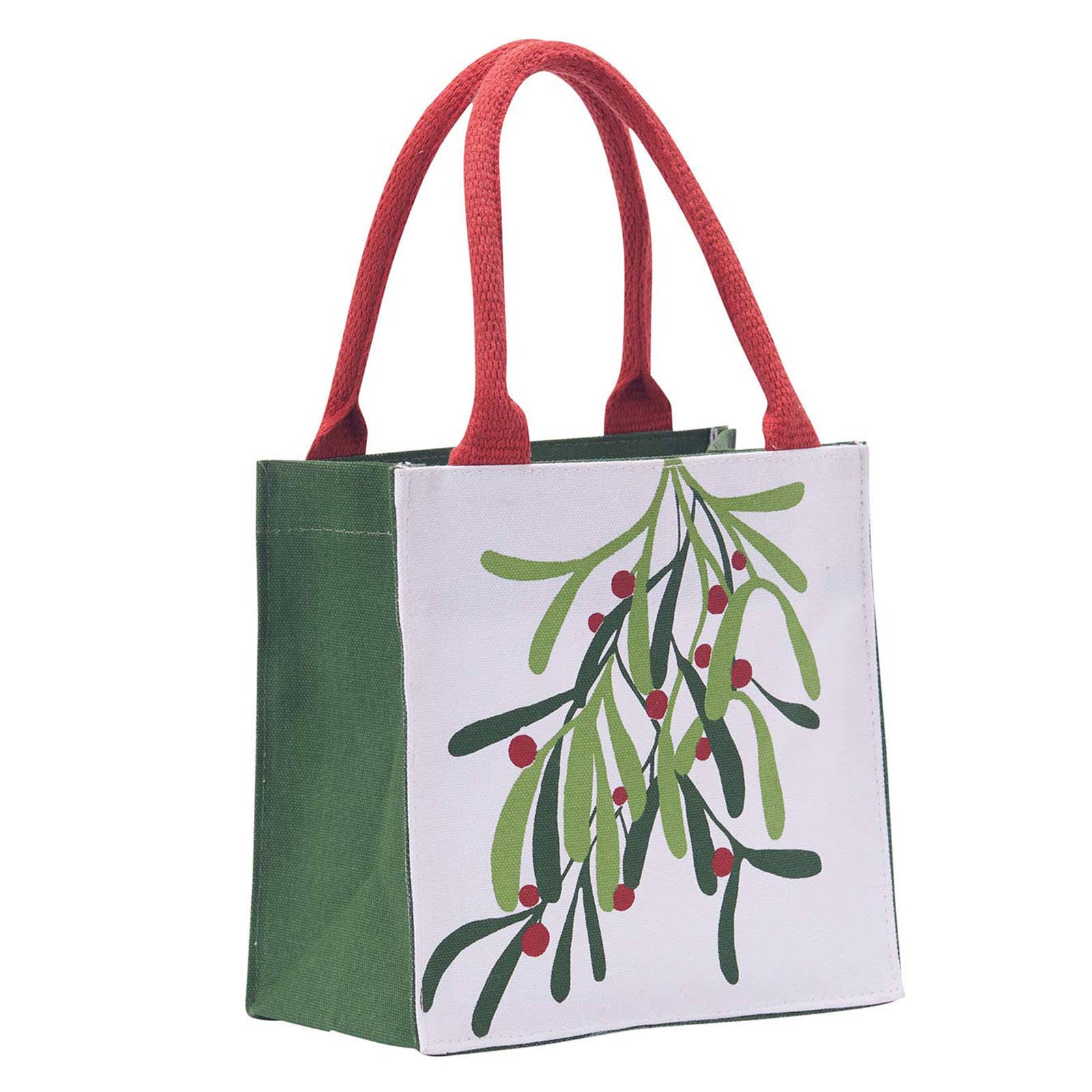Eco-Friendly Mistletoe Print Reusable Gift Bag Tote - Perfect for Christmas Presents, Holiday Shopping & Party Favors