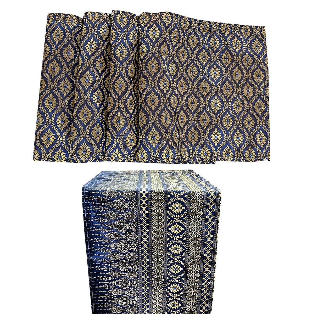AMORNPHAN Traditional Thai Silk Damask Brocade Table Runner & Placemats Set - Handwoven 100% Silk, Washable Dining Table Decor (1 Runner + 4 Placemats) - Perfect for Formal Dinners, Weddings & Asian-Themed Home Decor