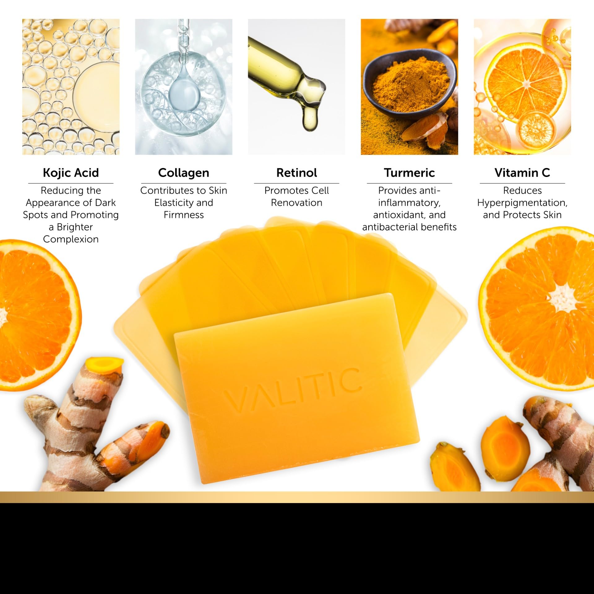 VALITIC Kojic Acid & Turmeric Dark Spot Corrector Soap - Vitamin C, Retinol & Collagen Infused Skin Brightening Bar - 2 Pack with 200 Melting Paper Sheets - For Hyperpigmentation, Acne Scars & Uneven Skin Tone - Perfect for Daily Face & Body Cleansing Routine