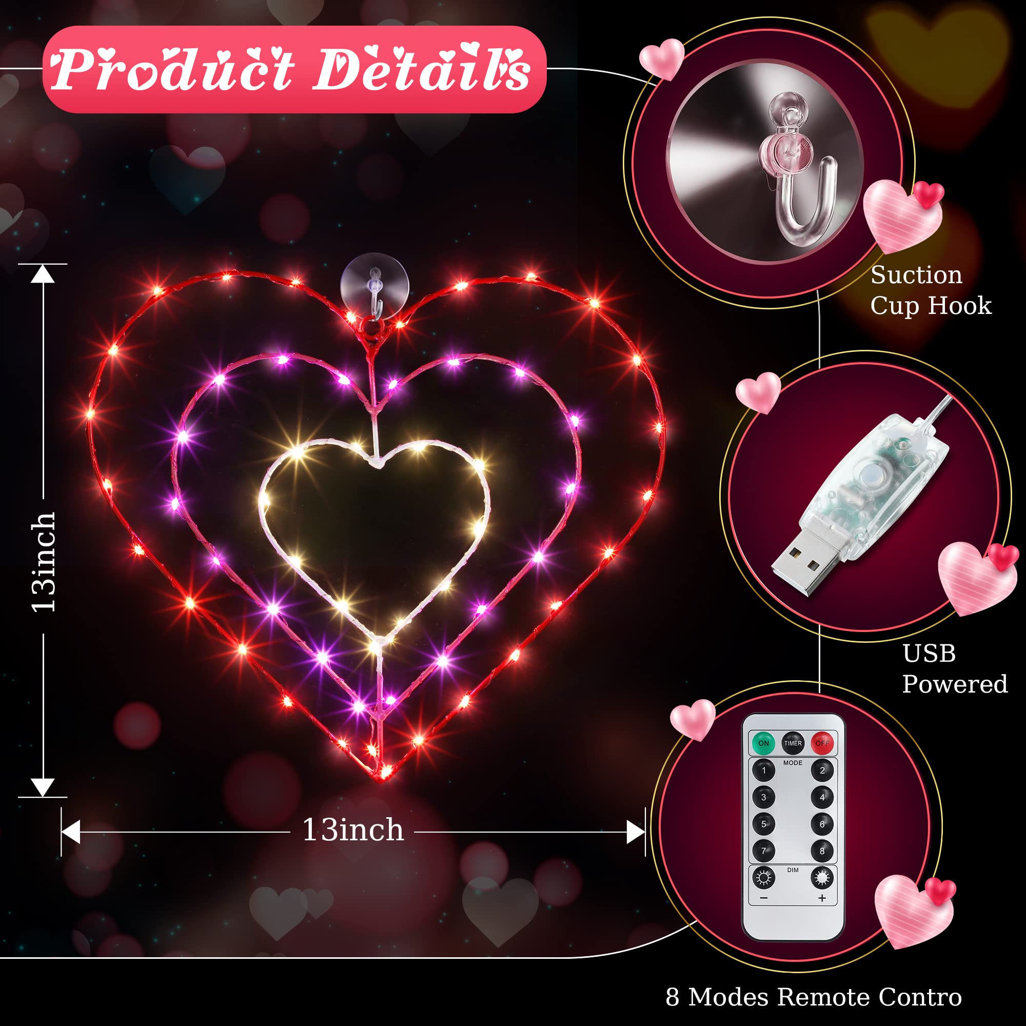 13 Inch Valentine's Day LED Lights - 8 Modes with Timer & Remote Control for Romantic Decorations (Heart Shape, 1 Pack) - Perfect for Valentine's Day, Wedding Proposals, Anniversary Parties & Home Decor