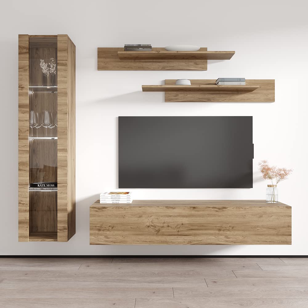 Modern Floating TV Stand with Storage & LED Lights - Wall-Mounted Entertainment Center for Living Room & Bedroom - Oak Wood TV Console with Shelves - Perfect for Small Spaces & Home Theater Setup