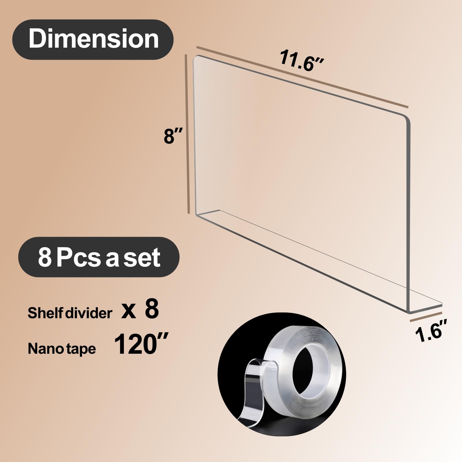Clear Plastic Acrylic Closet Shelf Dividers - 8 Pack Tall Cabinet Organizers for Wood Shelves & Closets - Perfect for Clothing, Handbags & Shoe Storage - Space Saving Home Organization Solution