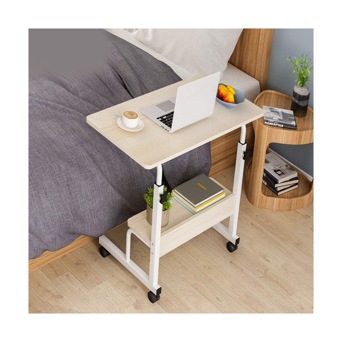 Adjustable Overbed Table with Wheels - Steel Frame Mobile Standing Desk for Laptop, Books & Meals - Perfect for Hospital, Bedside, Office & Home Use