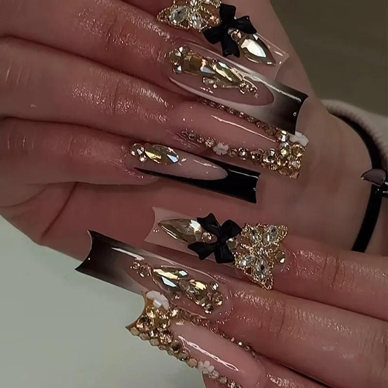 24Pcs French Tip Press on Nails - Long Glitter Rhinestone False Nails with 3D Bow Tie Designs | Wearable Y2K Fake Nails Kit Includes Jelly Glue | Perfect for Parties, Weddings, and Special Occasions
