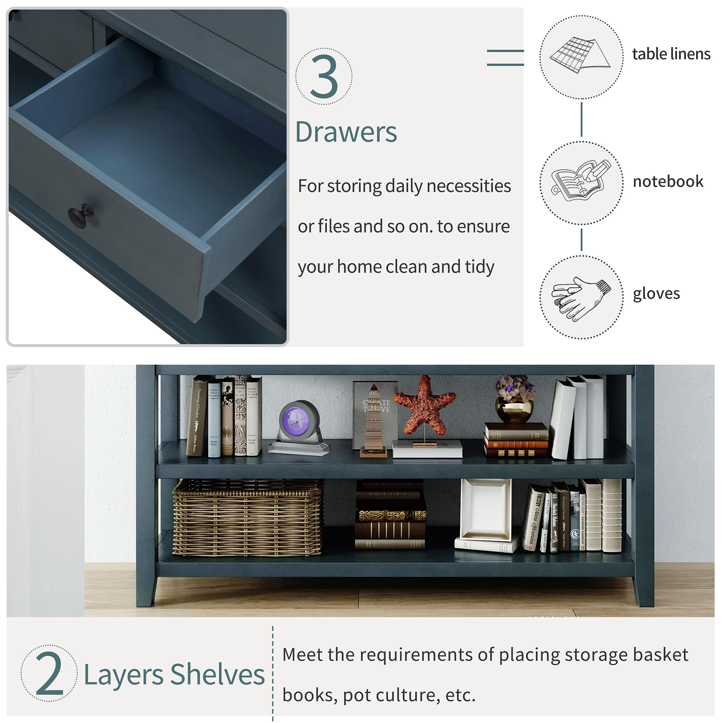 Solid Wood Console Table with 3 Drawers & 2 Storage Shelves - Modern Entryway Sofa Table for Hallway, Living Room | Retro Design Home Decor | Perfect for Small Spaces & Apartment Entryways (Navy Blue)