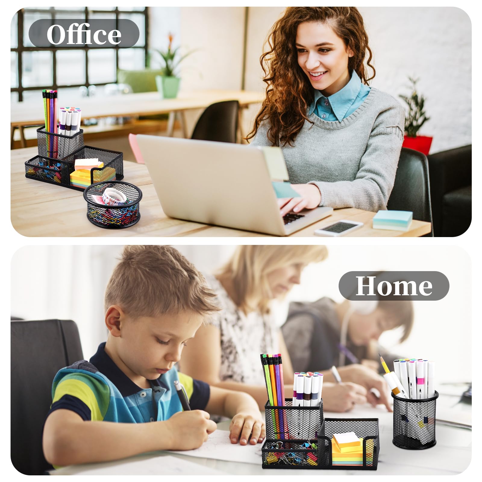 2-Pack Black Mesh Metal Pen Holder for Desk - Pencil Cup, Marker Organizer with Sticky Notes Holder - Perfect for Office, School, Home & Workspace Organization (Desk Caddy, Office Supplies)