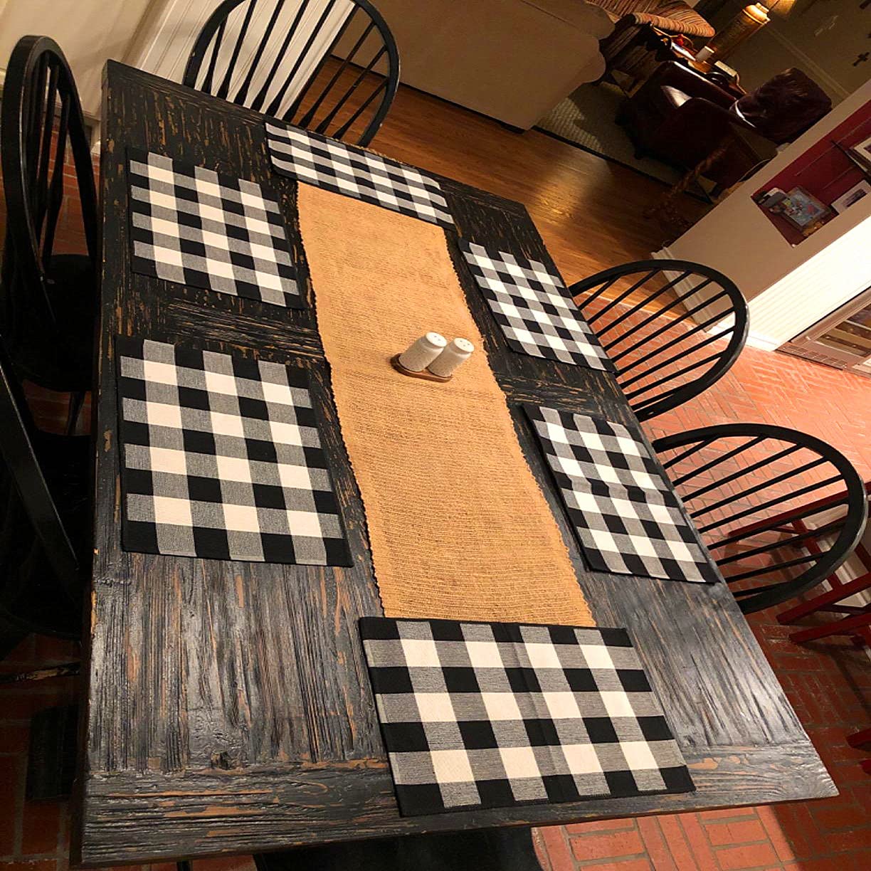 Ukeler 6-Pack Buffalo Check Plaid Placemats - 100% Cotton Crossweave Woven Table Mats for Kitchen & Dining - Washable, Heat Resistant - Black & Ivory - Perfect for Holiday Dinners, Family Gatherings & Everyday Use