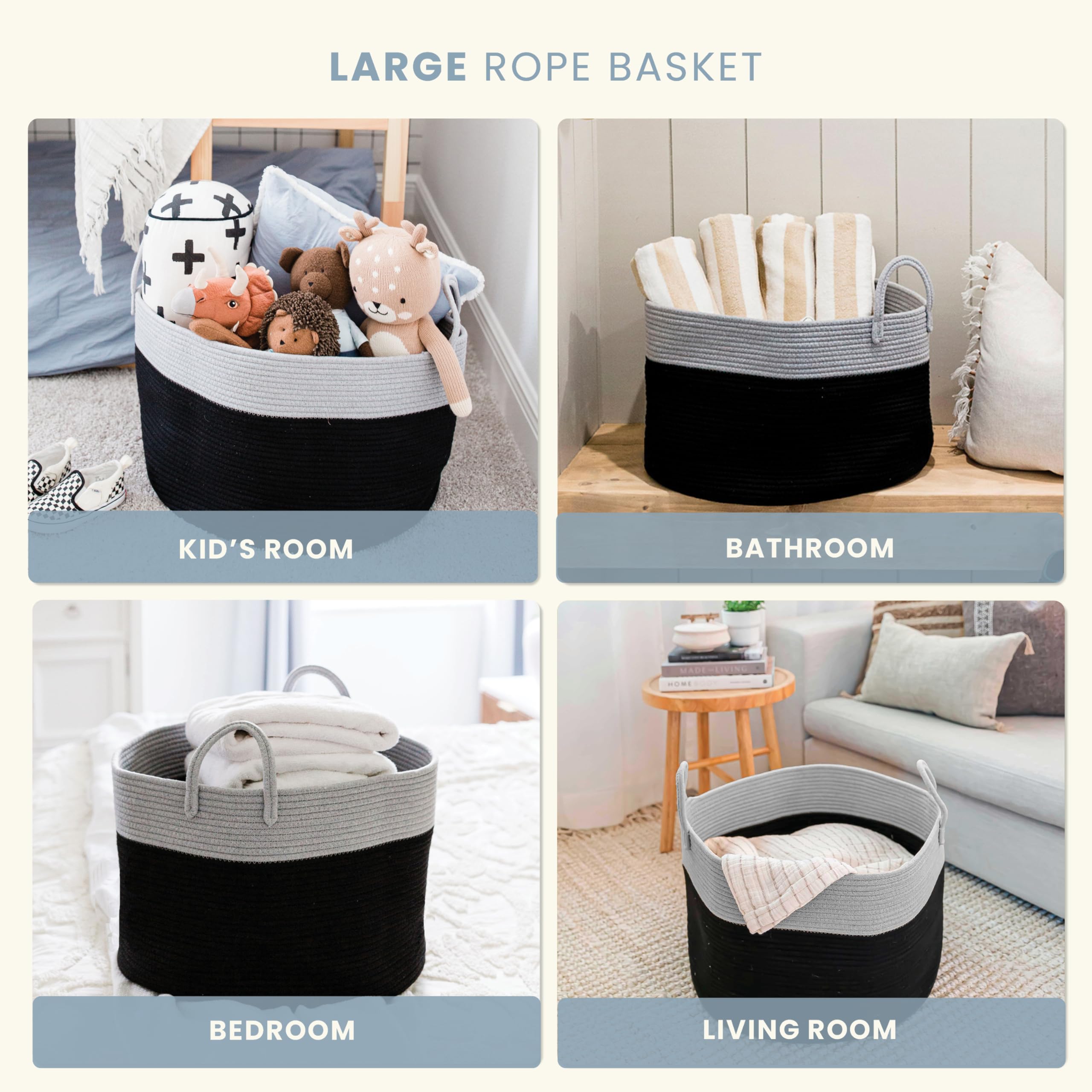 OrganiHaus Gray & Black Woven Storage Basket 20x13 - Large Cotton Rope Basket with Handles for Blankets, Pillows & Laundry | Perfect for Living Room, Nursery & Home Organization
