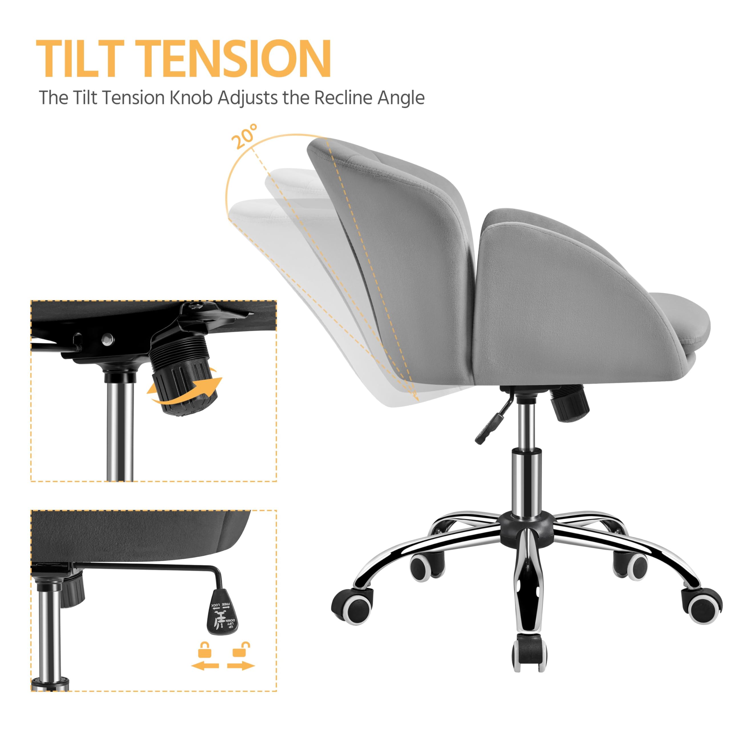 Yaheetech Modern Velvet Swivel Desk Chair with Armrests - Light Gray Home Office Chair for Women, Rolling Makeup Vanity Chair for Bedroom & Study Room | Perfect for Work, Gaming & Beauty Stations