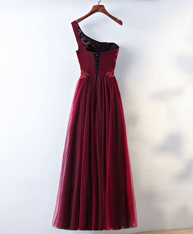Elegant Burgundy One Shoulder Long Prom Dress with Lace Detail - Formal Evening Gown for Homecoming, Wedding, and Special Occasions