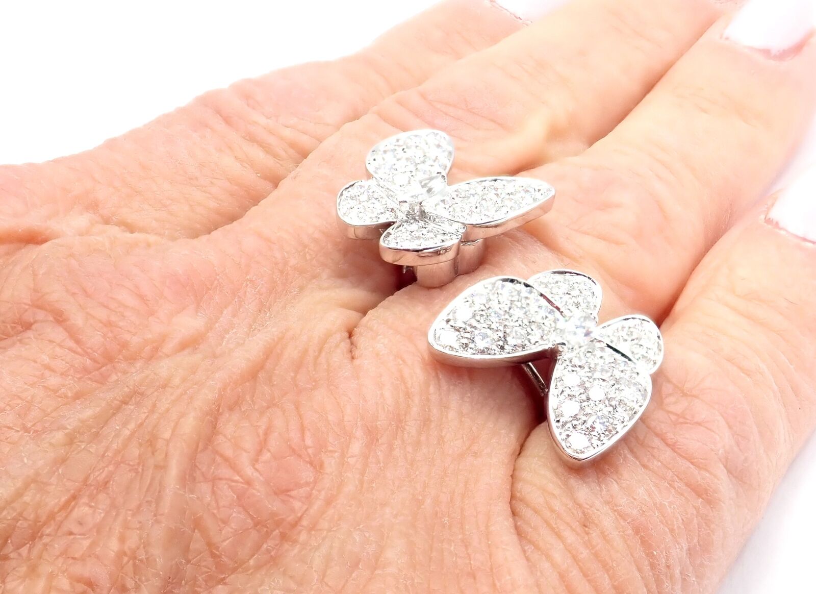 Van Cleef & Arpels 18k White Gold Diamond Two Butterfly Between Finger Ring - Elegant Stackable Ring for Women, Perfect for Weddings, Anniversaries & Special Occasions