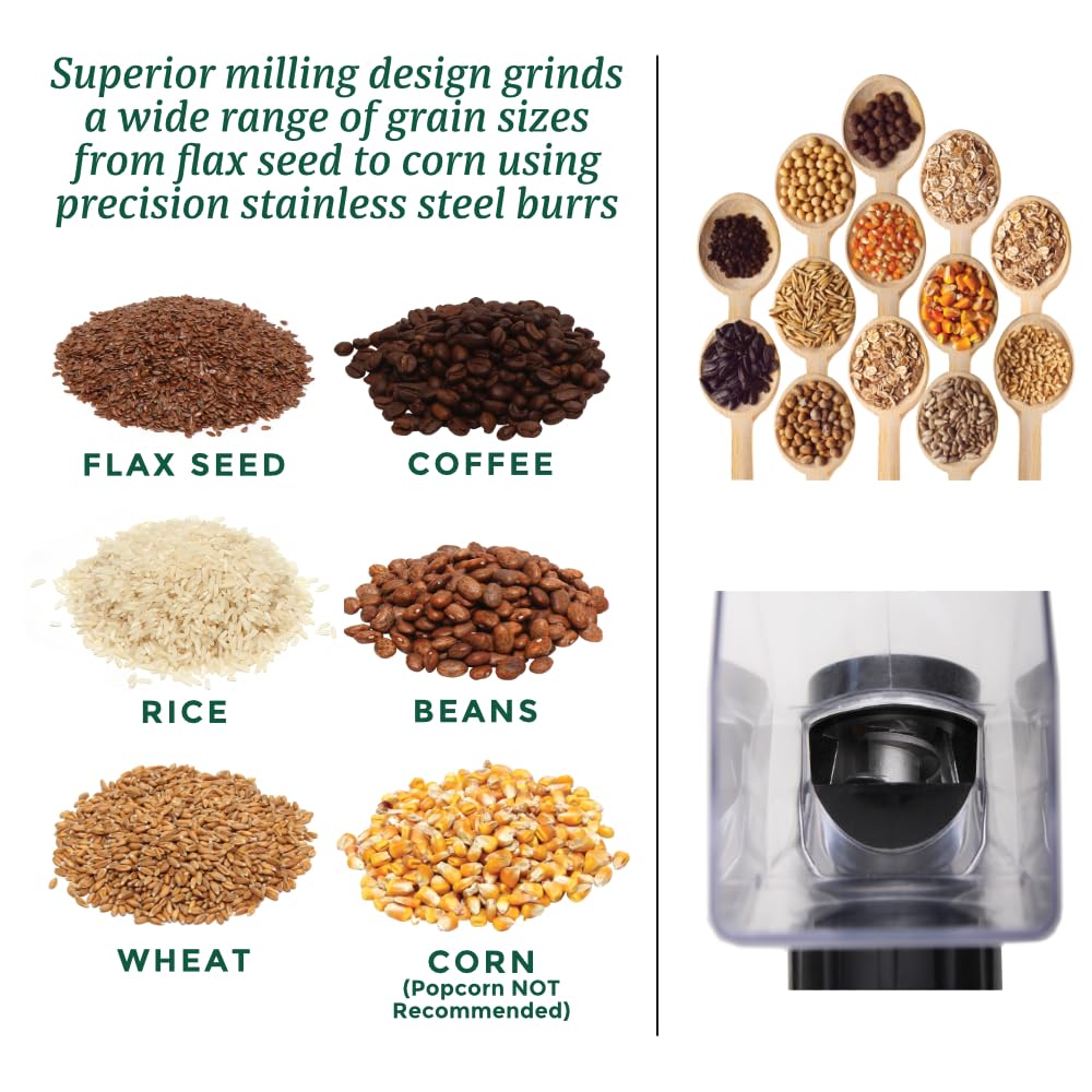 Premium Stainless Steel Grain Mill for Wheat Flour Grinding - Heavy Duty Electric Grain Grinder with Metal Burrs - Perfect for Home Baking, Bread Making & Healthy Meal Prep