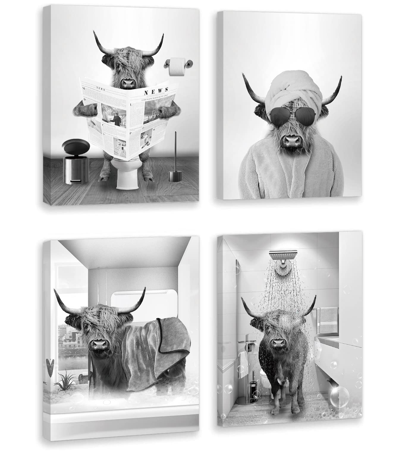 Funny Cow Wall Art Set - 4 Framed Bathroom Pictures (12x16in) for Farmhouse & Kids Decor