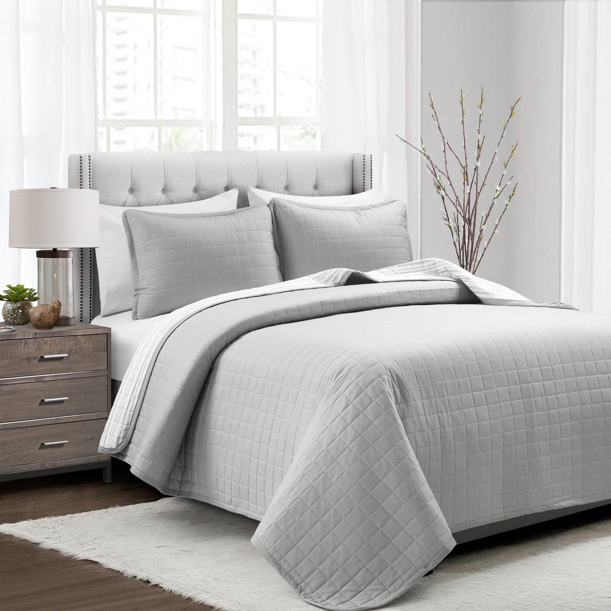 Farmhouse Box Stitch and Stripe Cotton Quilt 3-Piece Set - Cozy Bedding for Rustic, Cottage, and Farmhouse Style Bedrooms | Perfect for Master Bedroom, Guest Room, and Airbnb Decor