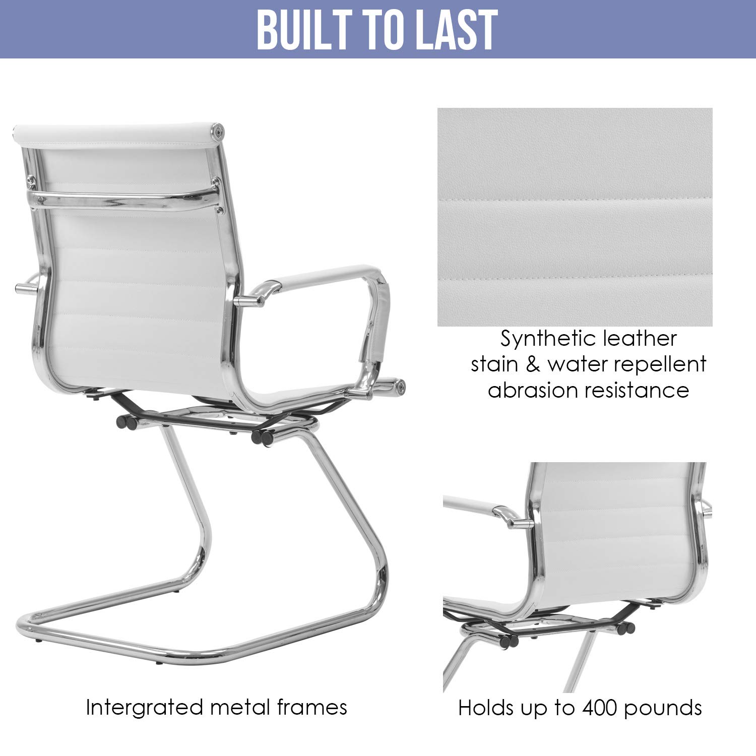 Wahson 4-Pack Office Guest Chairs - No Wheels Leather Mid Back Conference Chairs with Sled Base for Meeting Rooms, Lobby, Reception & Restroom - White (Perfect for Business Offices, Waiting Areas & Professional Spaces)