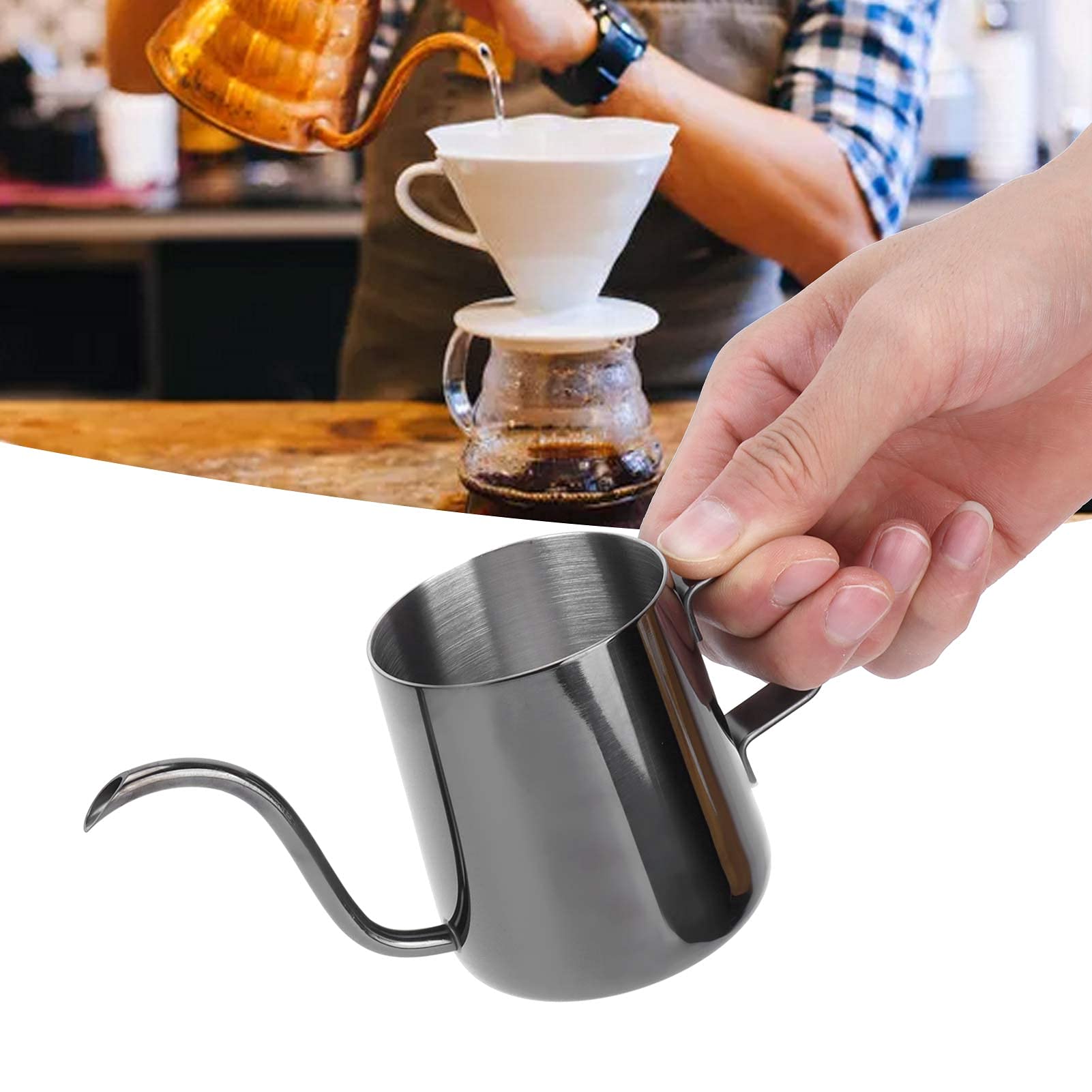 Premium 240ml Stainless Steel Coffee Kettle - 304 Food-Grade Slender Pour Over Pot with Black & Gold Finish for Home, Restaurant & Bar Use - Perfect for Pour Over Coffee, Tea Brewing & Kitchen Decor
