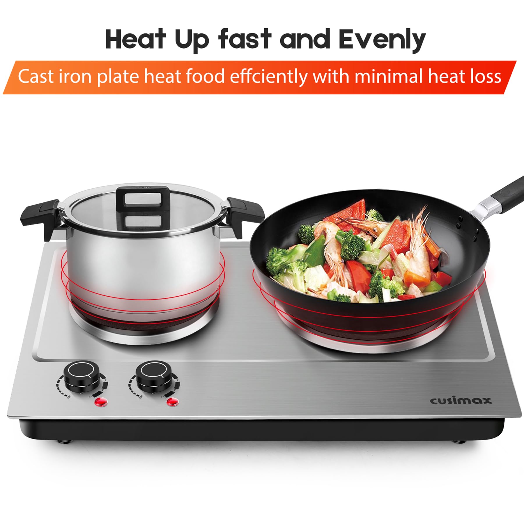CUSIMAX 1800W Double Burner Electric Hot Plate - Stainless Steel Portable Cooktop with Cast Iron Heating Plates | Easy Clean Countertop Burner for Home, Office & Camping Cooking | Upgraded Version C180N